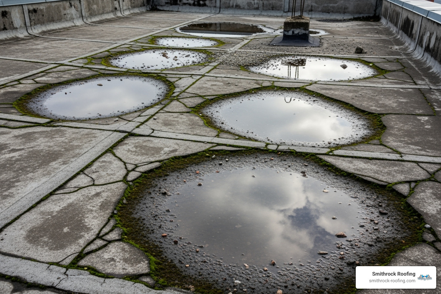 A cracked and weathered concrete flat roof with areas of ponding water, illustrating common causes of leaks - roof slab leak repair