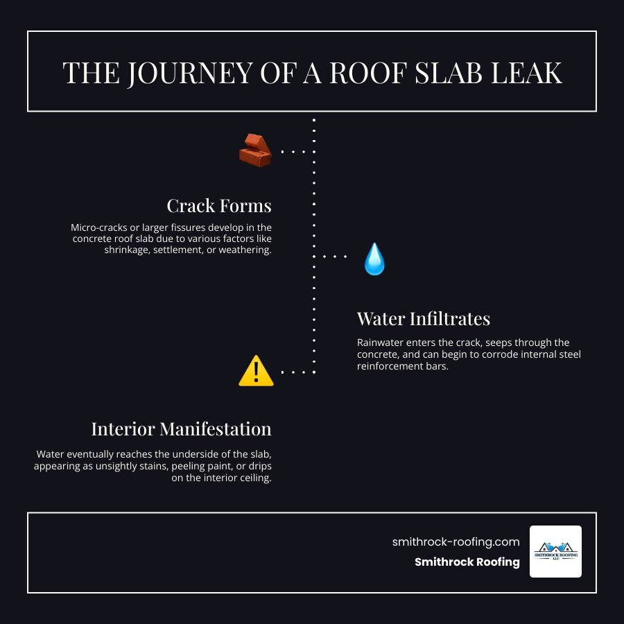 Infographic explaining the journey of water from a roof slab crack to an interior ceiling stain - roof slab leak repair infographic infographic-line-3-steps-dark