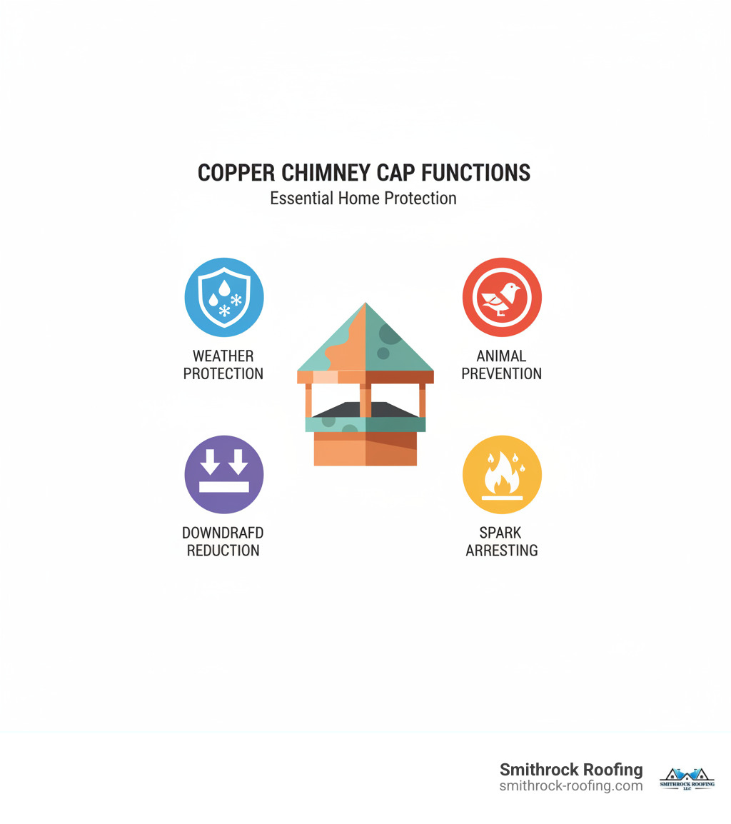 Infographic showing the primary functions of a copper chimney cap: a shield icon representing weather protection from rain and snow, a bird icon with a prohibition symbol for animal prevention, a flame with sparks icon for spark arresting capability, and downward arrows being blocked for downdraft reduction, all arranged around a central copper chimney cap illustration - copper chimney cap cost infographic 