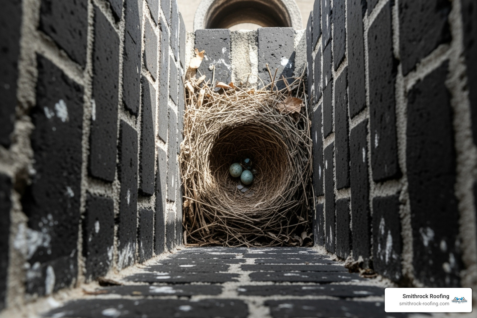 A bird's nest visible from the top of a chimney flue - chimney covers to stop birds A bird's nest visible from the top of a chimney flue - chimney covers to stop birds