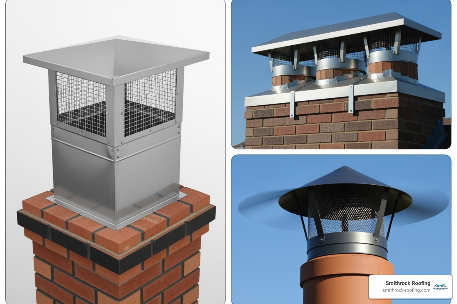 Collage showing a single-flue cap, a multi-flue cap, and a chimney cowl - chimney covers to stop birds Collage showing a single-flue cap, a multi-flue cap, and a chimney cowl - chimney covers to stop birds