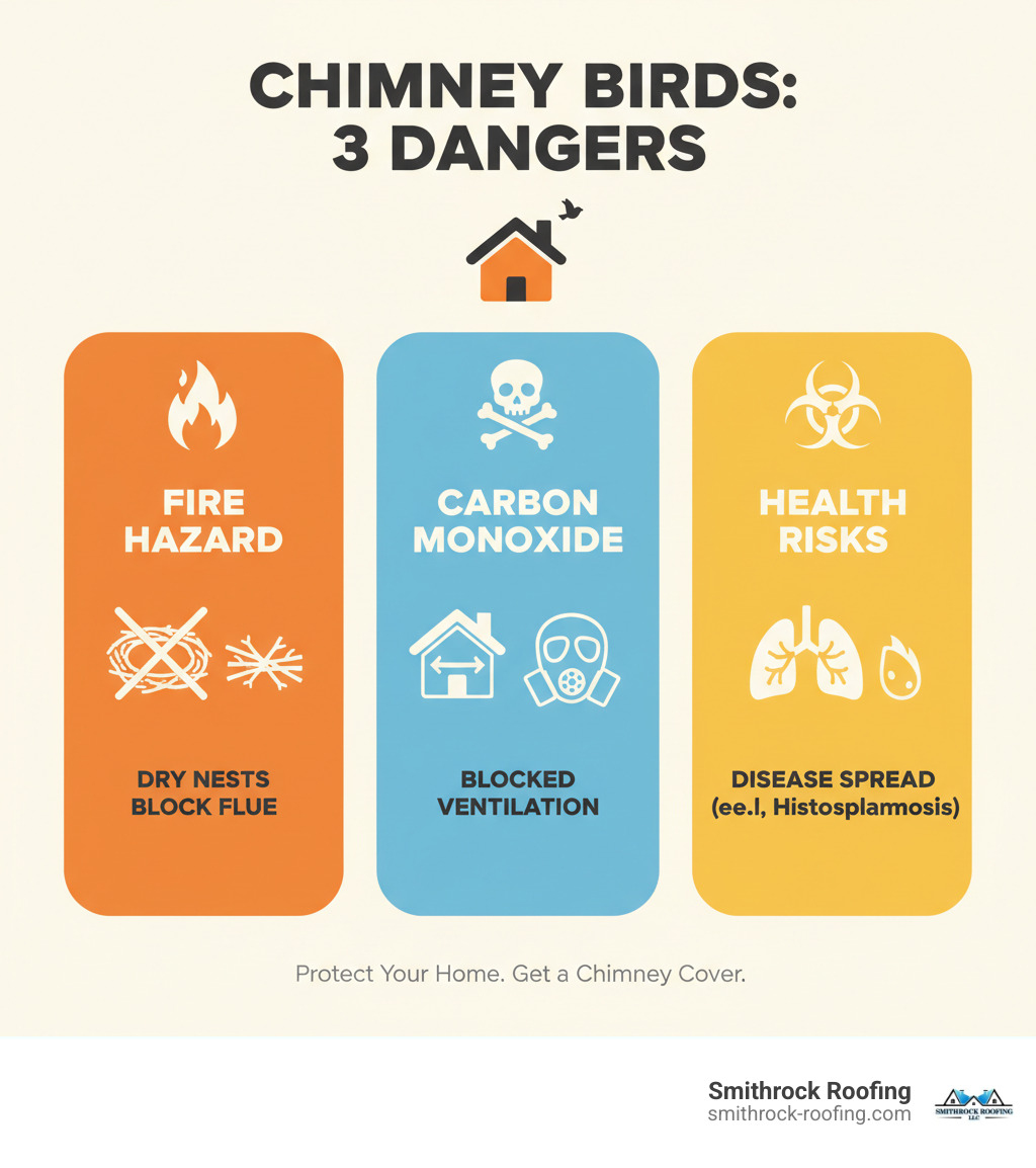 Infographic showing the top 3 dangers of birds in chimneys: fire hazard from dry nesting materials blocking the flue, carbon monoxide poisoning from blocked ventilation causing deadly gas backup into the home, and health risks from bird droppings carrying diseases like histoplasmosis and psittacosis that can cause serious respiratory infections - chimney covers to stop birds infographic Infographic showing the top 3 dangers of birds in chimneys: fire hazard from dry nesting materials blocking the flue, carbon monoxide poisoning from blocked ventilation causing deadly gas backup into the home, and health risks from bird droppings carrying diseases like histoplasmosis and psittacosis that can cause serious respiratory infections - chimney covers to stop birds infographic