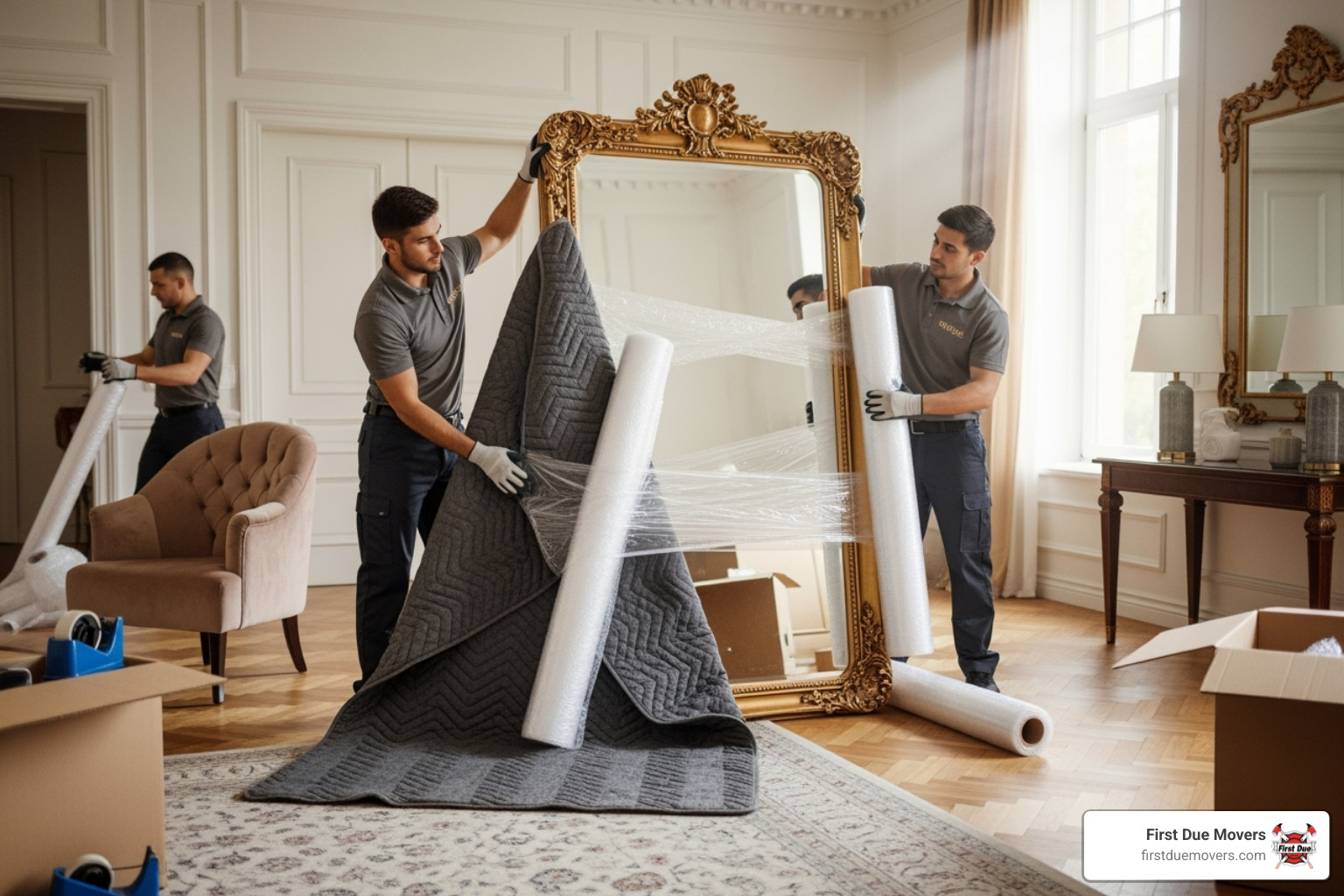 professional movers carefully wrapping a large, ornate mirror - luxury residential moves in auburn wa