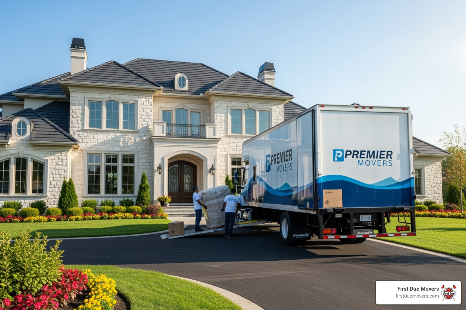 moving truck parked outside a large, well-manicured luxury home - luxury residential moves in auburn wa