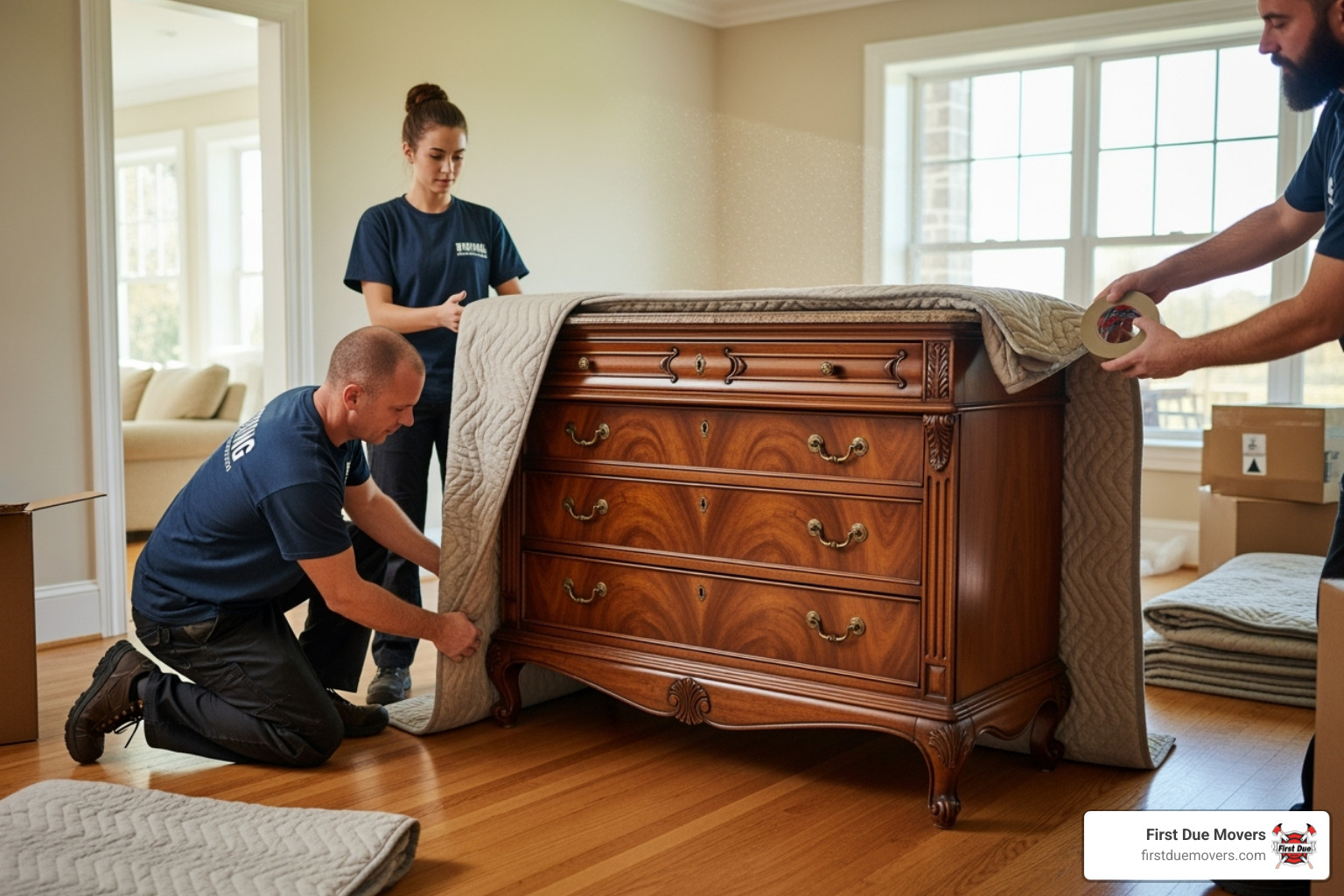 A moving team carefully wrapping a large antique dresser with protective blankets - best rated furniture & large item moves in snoqualmie wa