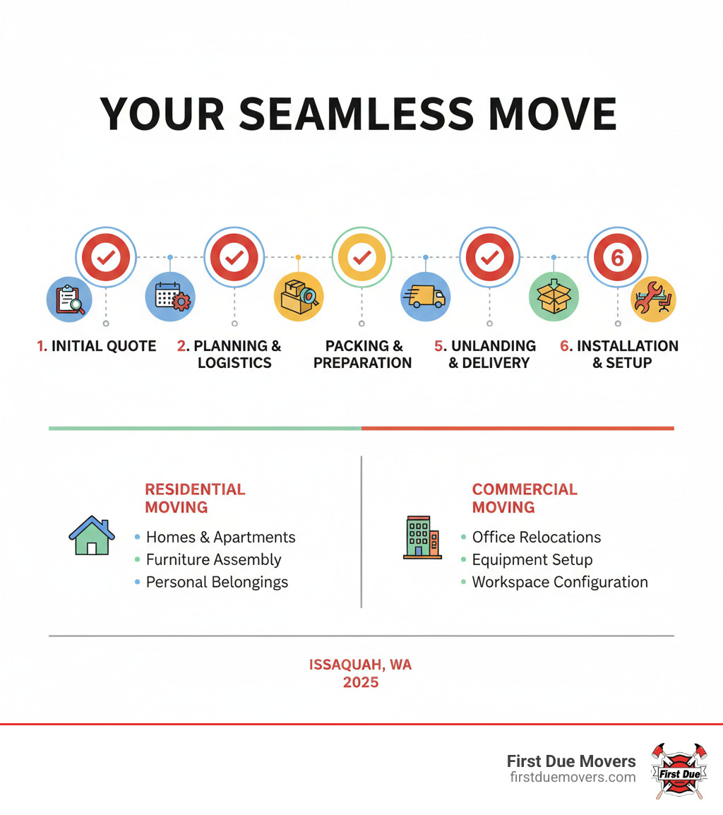 infographic showing the complete moving process from initial quote through planning, packing, transport, unloading, and final installation with checkmarks for each completed step - residential commercial moving installation in issaquah, wa infographic 