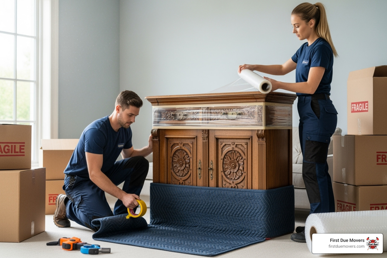 First Due Movers professionals using protective padding on a large piece of furniture - residential commercial moving installation in issaquah, wa