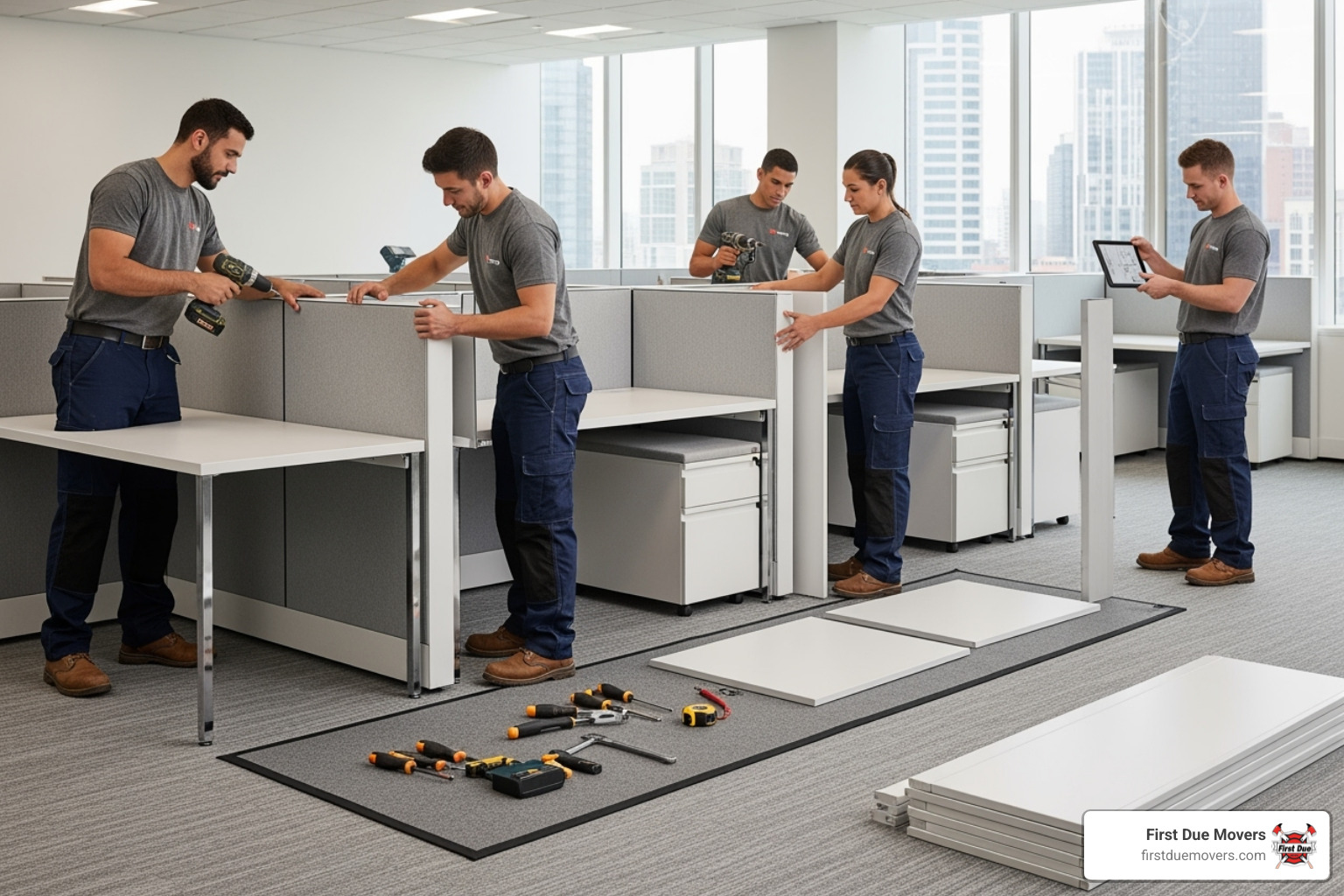 First Due Movers team assembling office cubicles in a new space - residential commercial moving installation in issaquah, wa