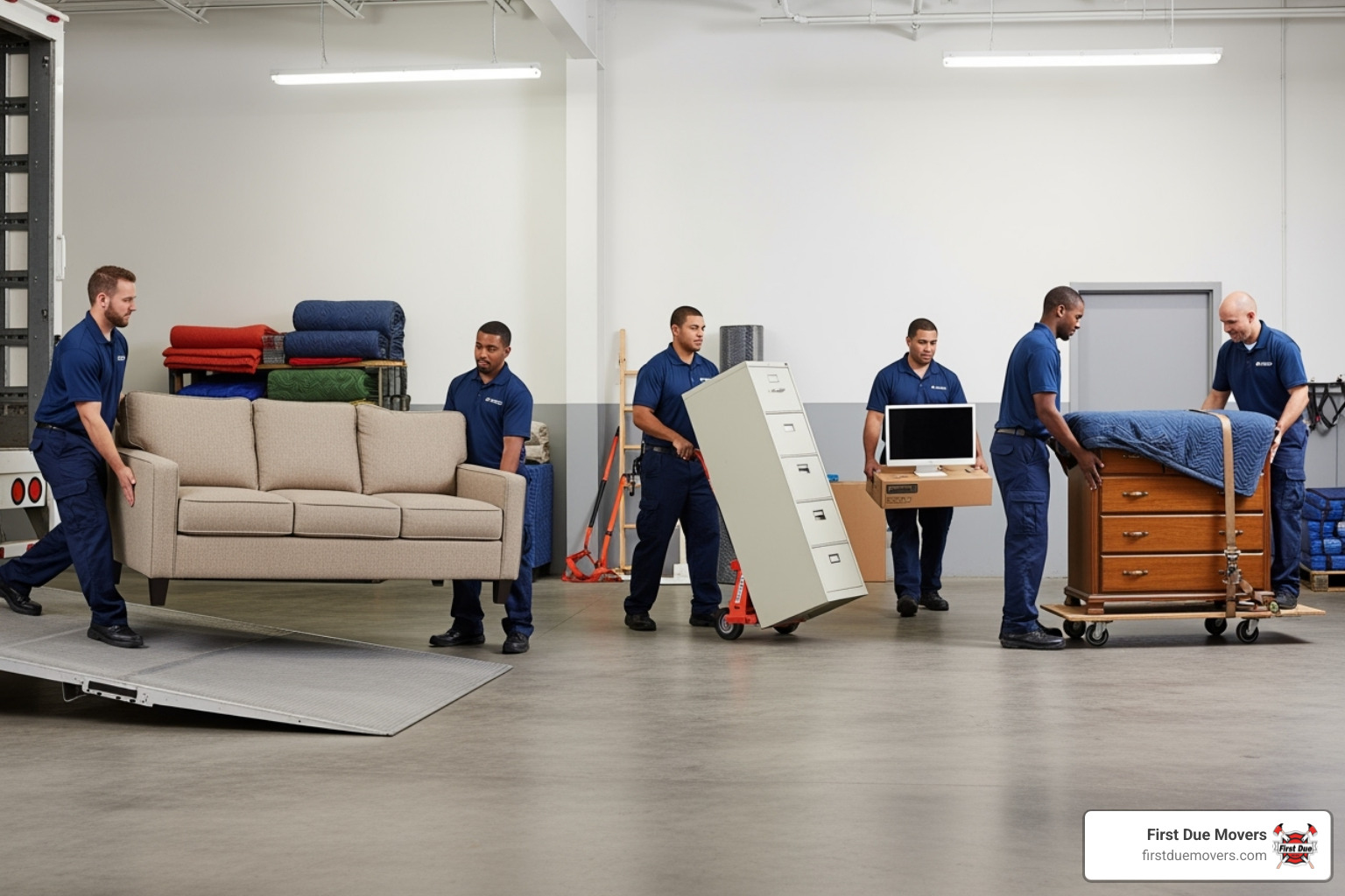First Due Movers team carefully handling both residential furniture and office equipment - residential commercial moving installation in issaquah, wa