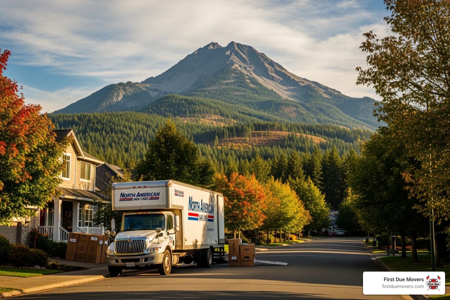 a moving truck with North Bend's Mount Si in the background - best rated furniture & large item moves in north bend wa