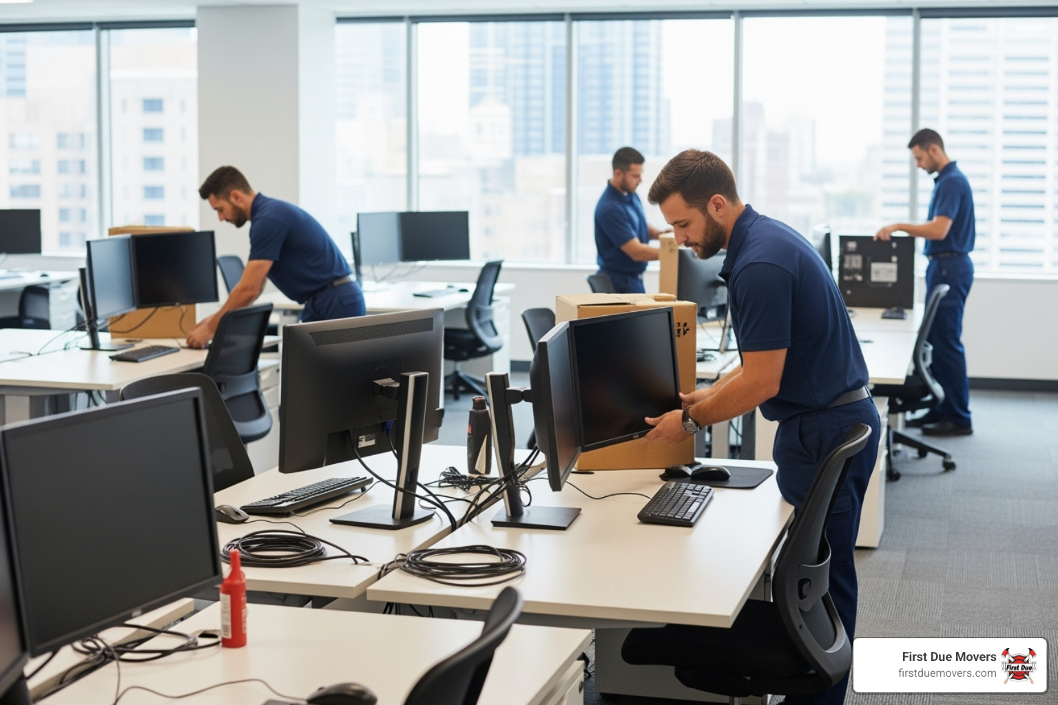 Clean, organized office space with movers setting up computer workstations - residential commercial moving installation in medina, wa