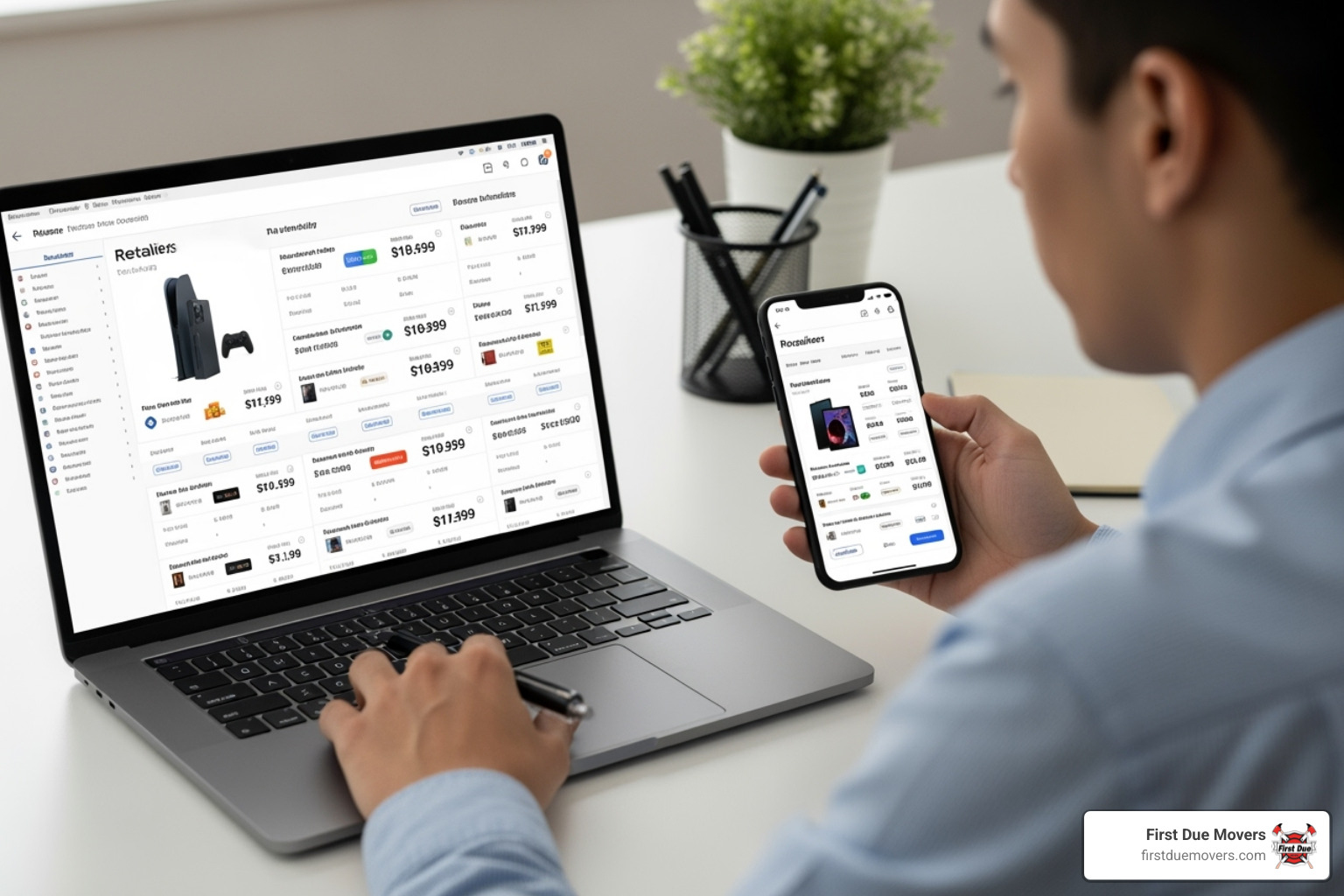 person comparing prices on a phone and laptop - affordable on-demand delivery in issaquah wa person comparing prices on a phone and laptop - affordable on-demand delivery in issaquah wa