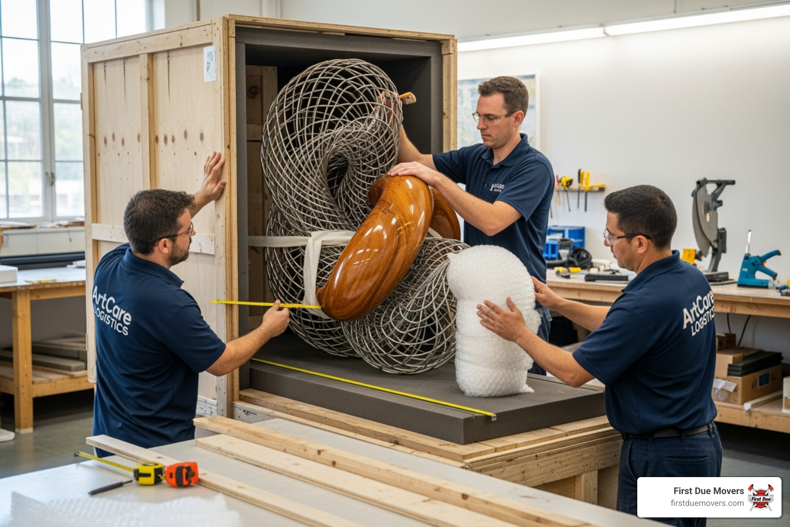 movers using custom crating to pack a large sculpture, highlighting delicate handling - high-end furniture & large item moves assistance in issaquah wa