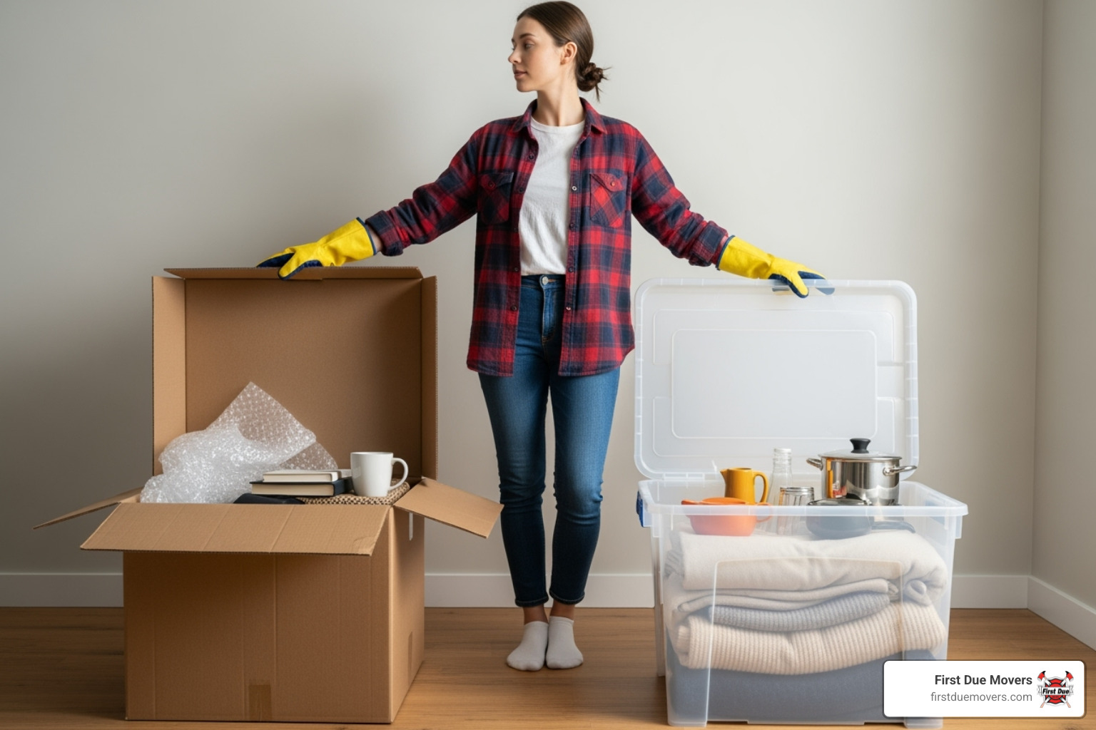 Person comparing cardboard box and plastic moving bin - affordable moving supplies in seattle wa