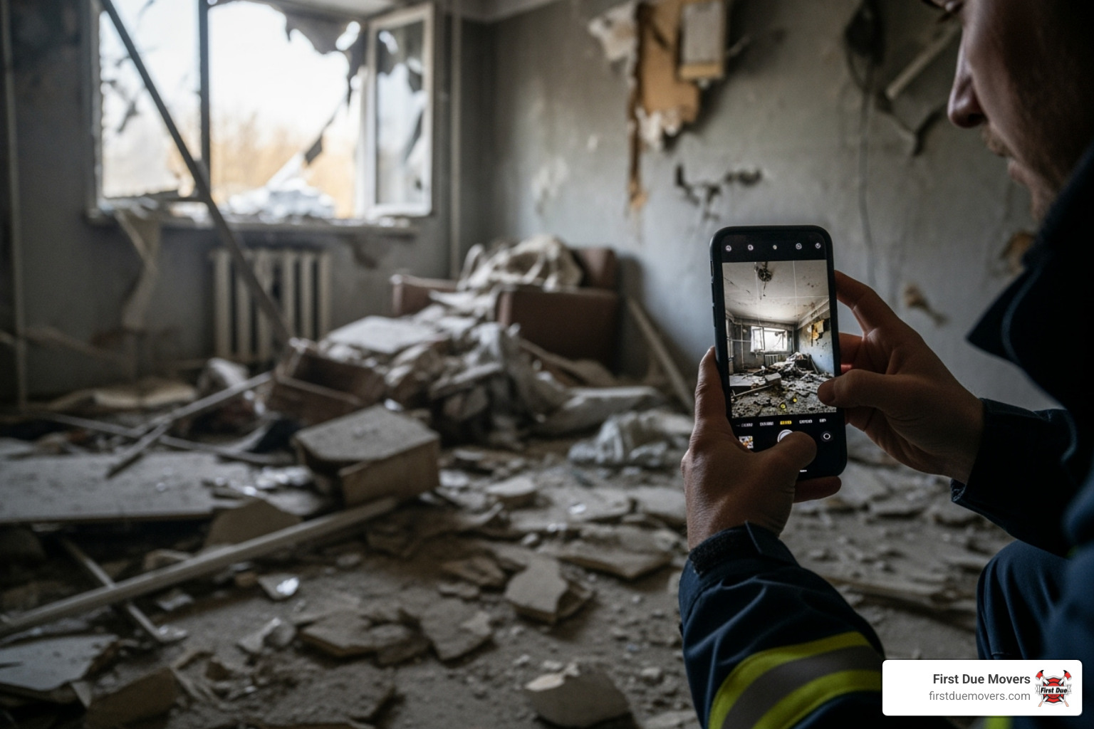 person taking photos of a damaged room with their smartphone - emergency packing services in burien wa