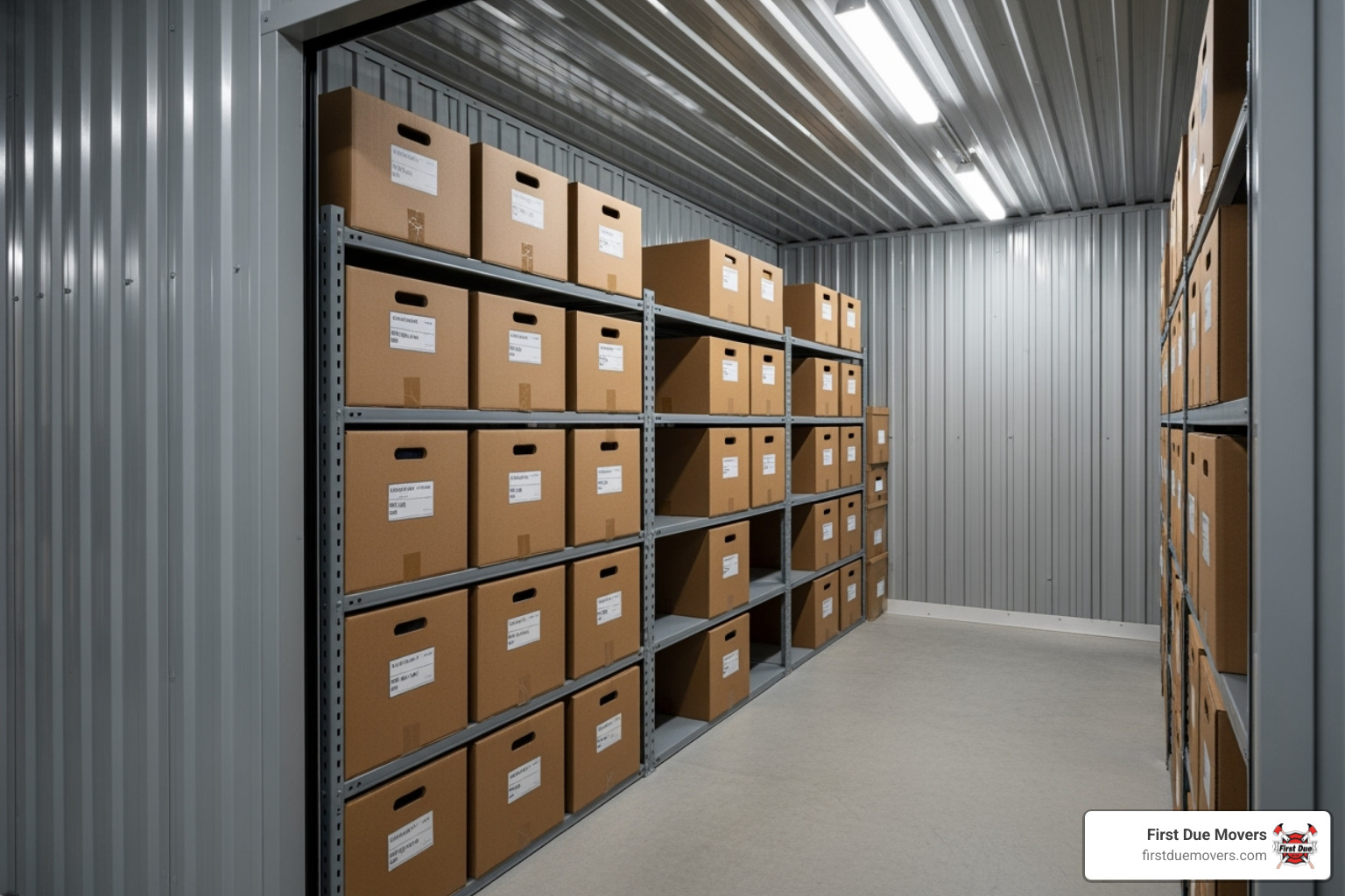 neatly inventoried and labeled boxes stacked in a clean, secure storage unit - emergency packing services in burien wa