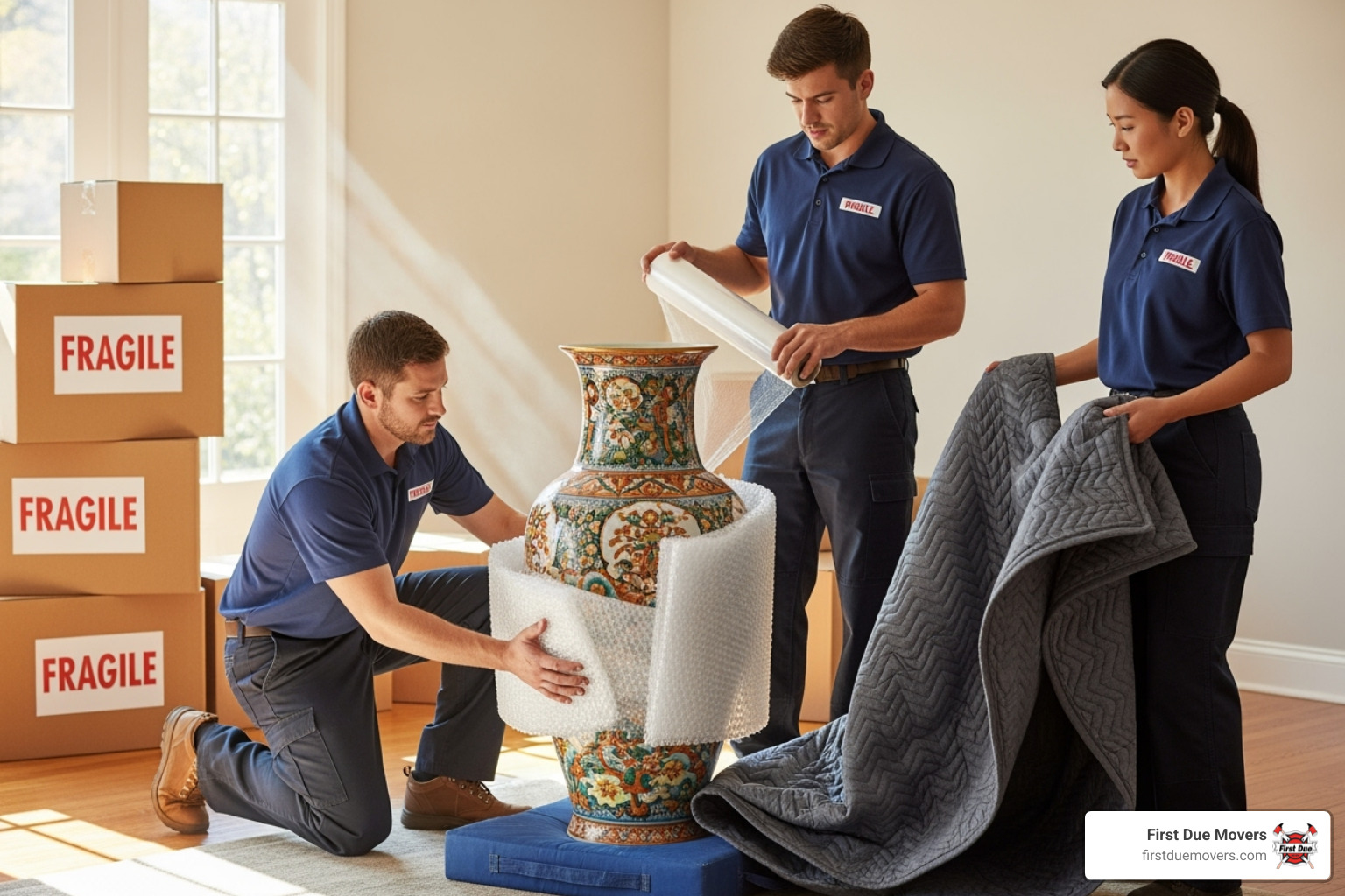 movers carefully wrapping a fragile item with specialized materials - emergency packing services in burien wa