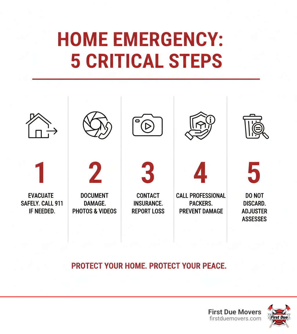 Infographic showing 5 critical steps when facing a home emergency: 1. Ensure everyone evacuates safely and call 911 if needed. 2. Document all damage with photos and videos before touching anything. 3. Contact your insurance company immediately to report the loss. 4. Call a professional emergency packing service to prevent further damage. 5. Do not discard any items until your insurance adjuster has assessed the scene. - emergency packing services in burien wa infographic 