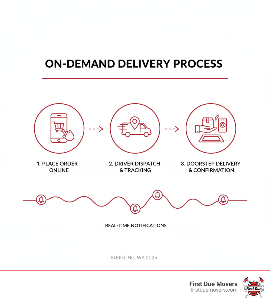 infographic showing the on-demand delivery process from placing an order online, to driver dispatch with GPS tracking, to doorstep delivery with photo confirmation and real-time notifications - reliable on-demand delivery in burien wa infographic 