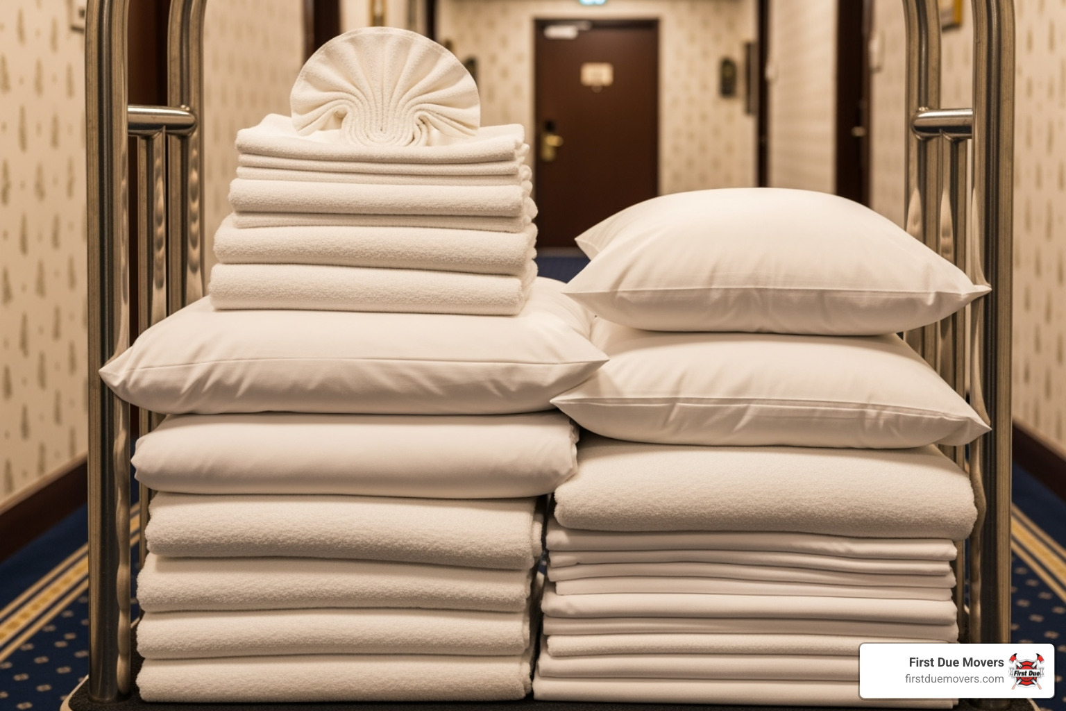 neatly folded hotel linens stacked on a cart - reliable on-demand delivery in burien wa