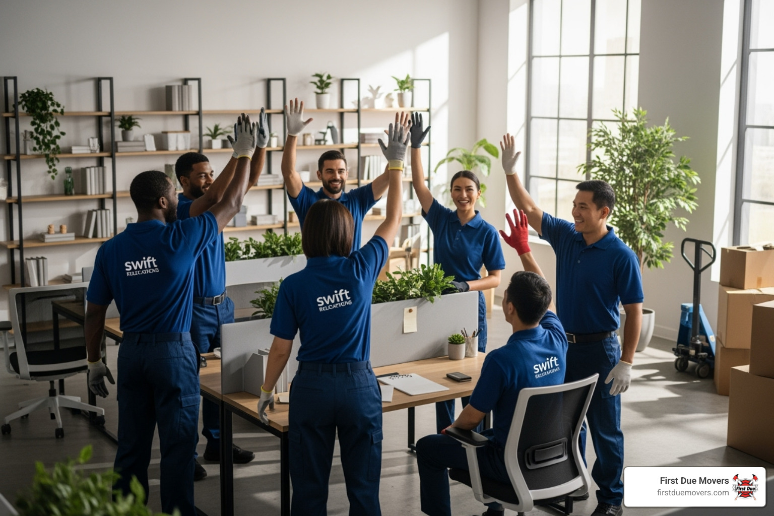 A team of movers high-fiving after successfully completing a complex installation - residential commercial moving installation in preston, wa