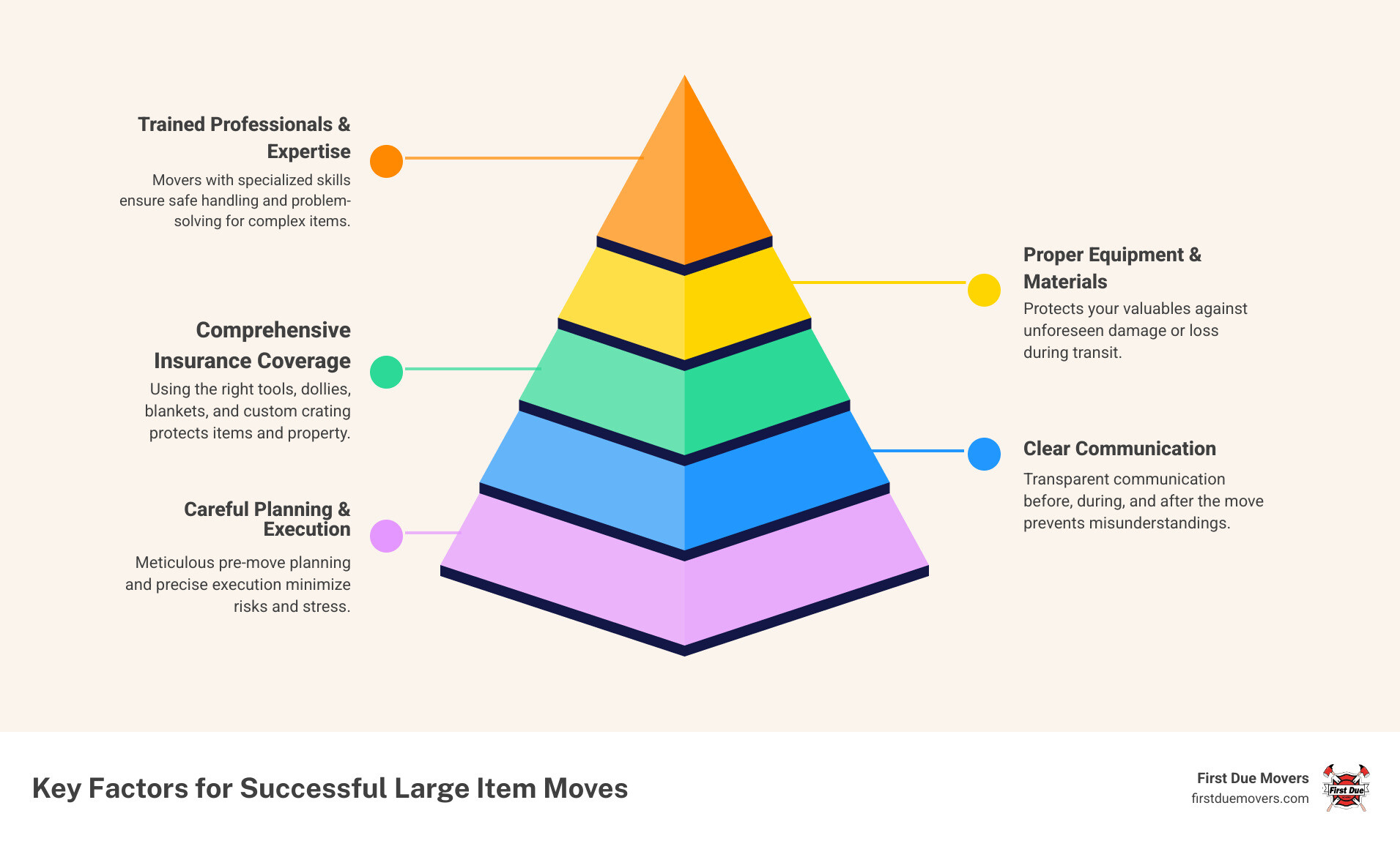 infographic showing key factors for successful large item moves including proper equipment, trained professionals, insurance coverage, specialized packing materials, clear communication, and careful planning - best rated furniture & large item moves in maple valley wa infographic pyramid-hierarchy-5-steps infographic showing key factors for successful large item moves including proper equipment, trained professionals, insurance coverage, specialized packing materials, clear communication, and careful planning - best rated furniture & large item moves in maple valley wa infographic pyramid-hierarchy-5-steps