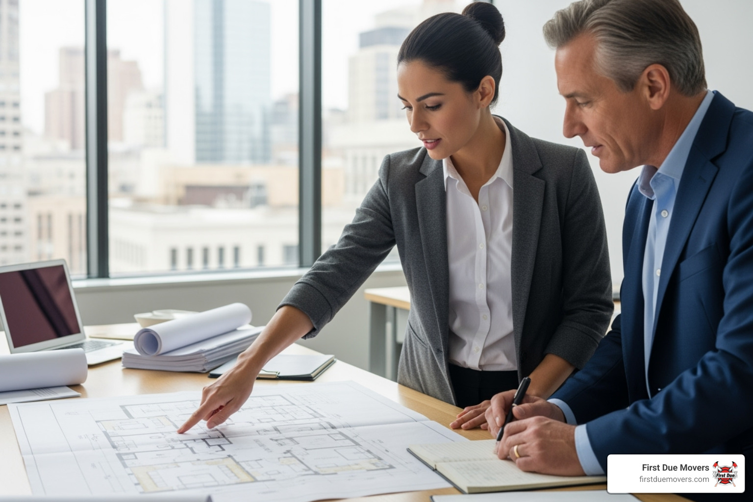 moving project manager reviewing a floor plan with a client - commercial moving installation in clyde hill, wa