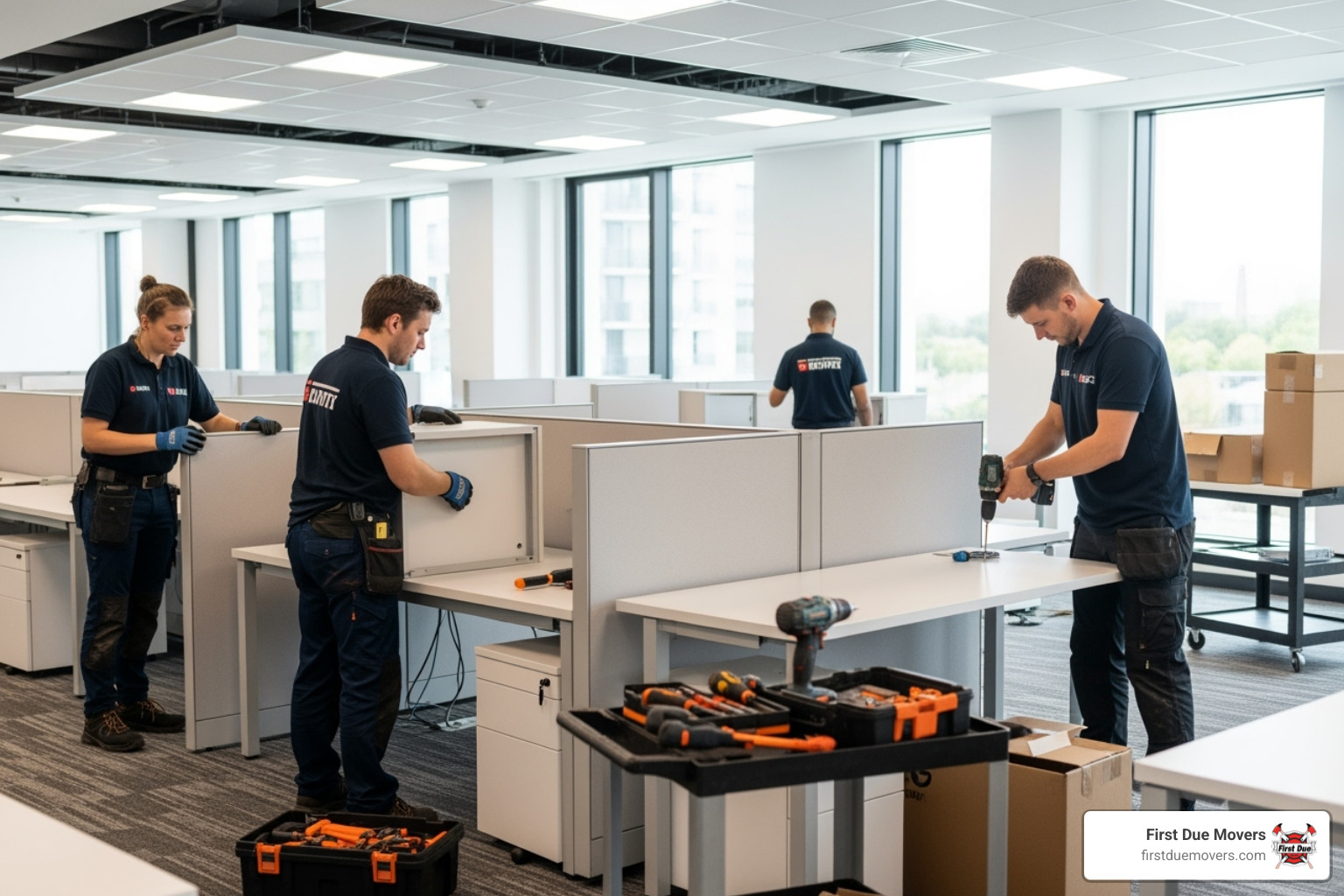 movers assembling modern office cubicles and desks in a new office space - commercial moving installation in clyde hill, wa