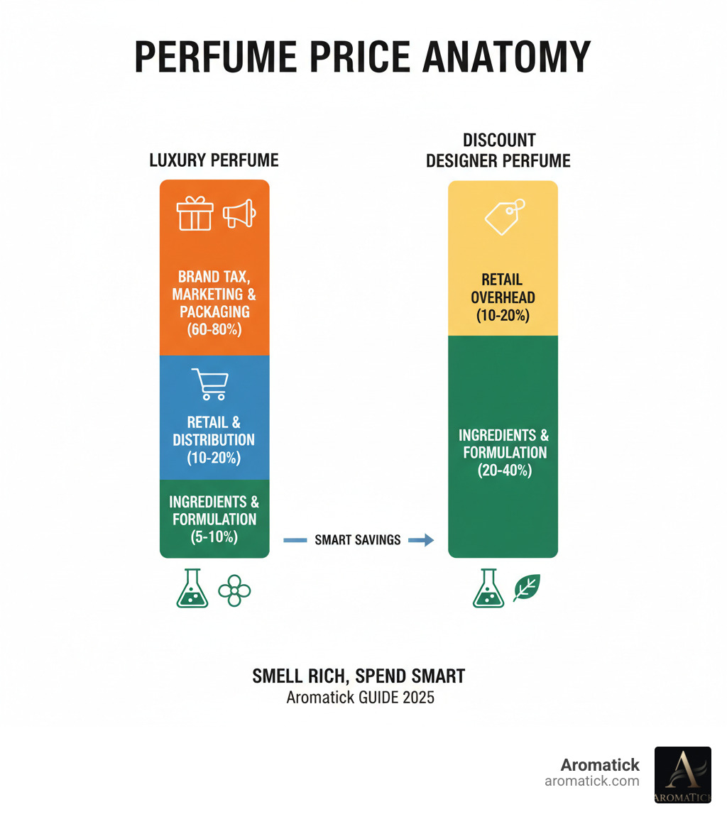 infographic showing price breakdown comparing luxury perfume costs versus discount designer perfume with marketing packaging and brand tax highlighted versus ingredient and formulation costs - expensive perfumes for cheap infographic infographic showing price breakdown comparing luxury perfume costs versus discount designer perfume with marketing packaging and brand tax highlighted versus ingredient and formulation costs - expensive perfumes for cheap infographic