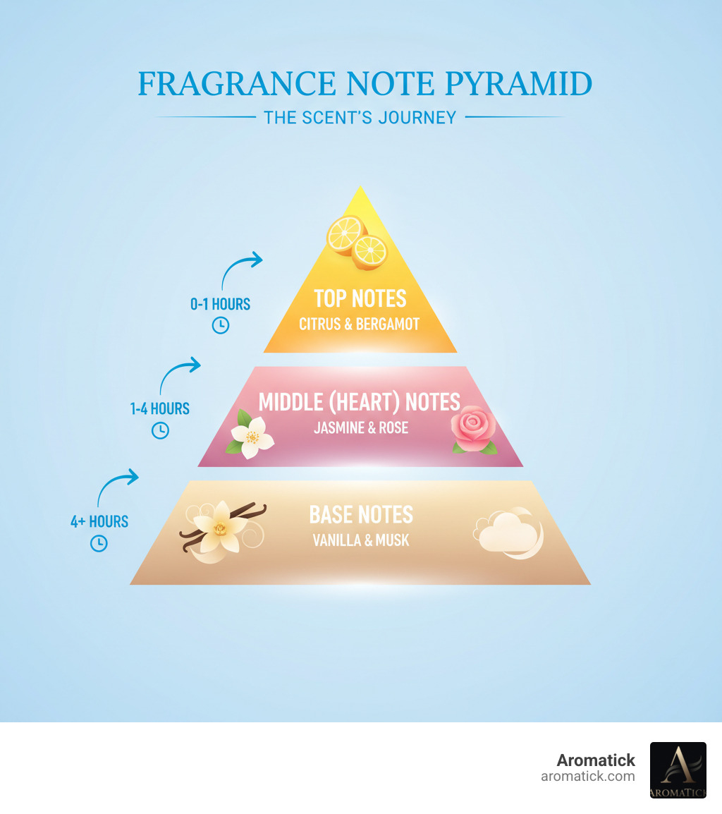 infographic showing perfume note pyramid with top notes like citrus and bergamot at the peak, middle notes like jasmine and rose in the center, and base notes like vanilla and musk at the bottom, with timing indicators showing how each layer develops over hours - cheap designer perfumes for ladies infographic infographic showing perfume note pyramid with top notes like citrus and bergamot at the peak, middle notes like jasmine and rose in the center, and base notes like vanilla and musk at the bottom, with timing indicators showing how each layer develops over hours - cheap designer perfumes for ladies infographic
