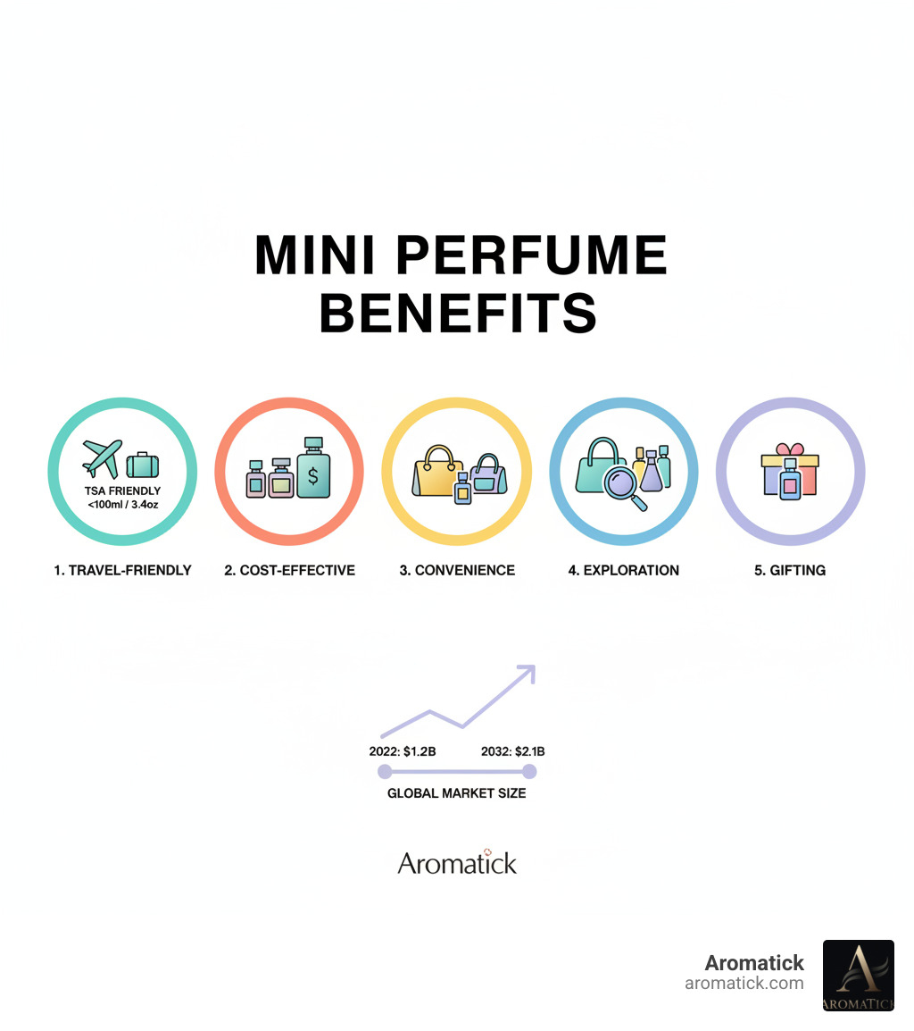 Infographic showing the key benefits of mini perfumes: 1. Travel-Friendly - TSA compliant sizes (under 100ml/3.4oz) perfect for carry-on luggage, 2. Cost-Effective - Own multiple fragrances for the price of one full bottle, try before committing to expensive purchases, 3. Convenience - Fits in handbags and gym bags, ideal for touch-ups throughout the day, 4. Exploration - Sample designer and niche scents risk-free, build a diverse fragrance wardrobe, 5. Gifting - Perfect stocking stuffers and introductions to new scents. Market size: $1.2B in 2022, projected $2.1B by 2032 - mini perfumes infographic 