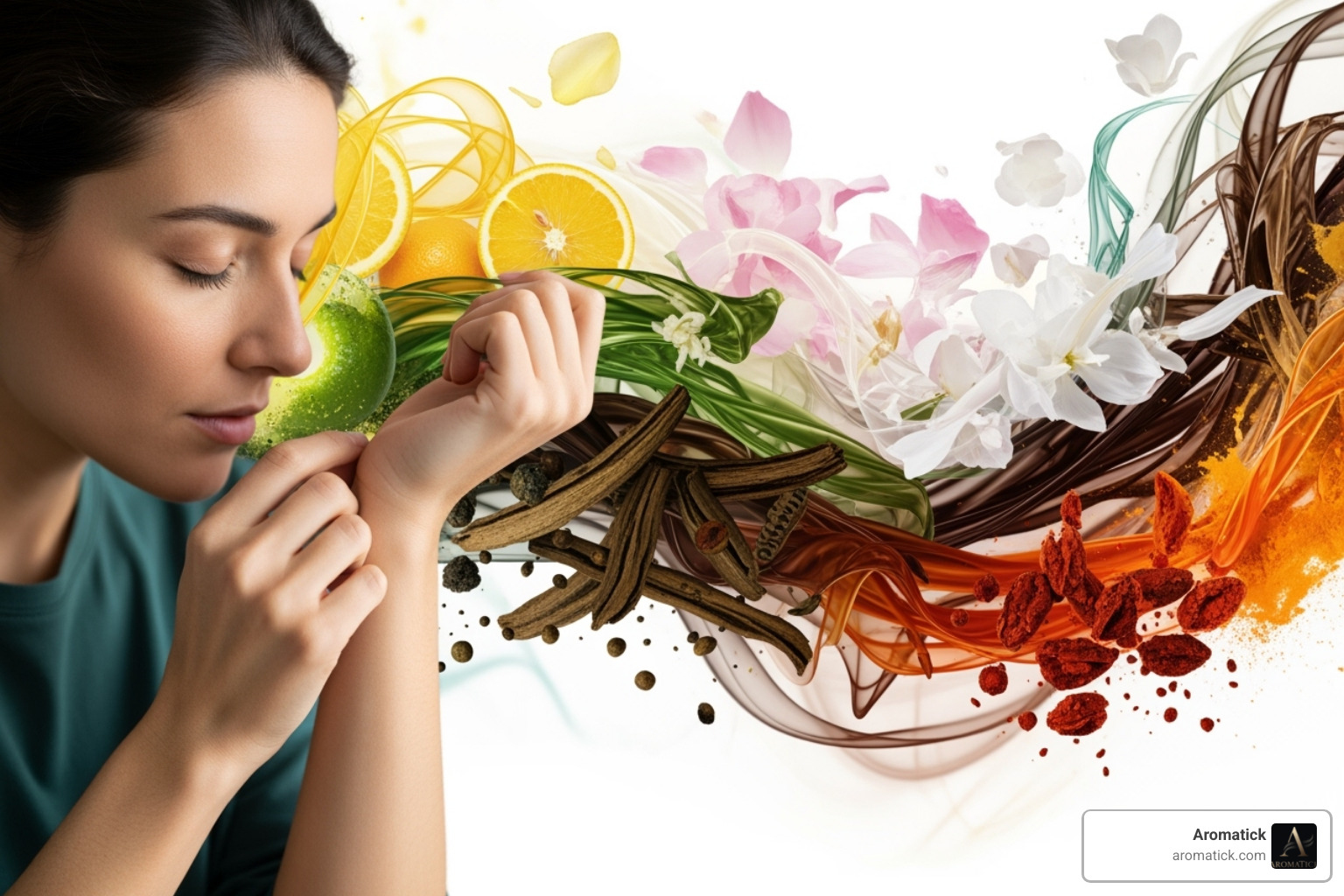 person smelling wrist with background of different scent notes - mini perfumes