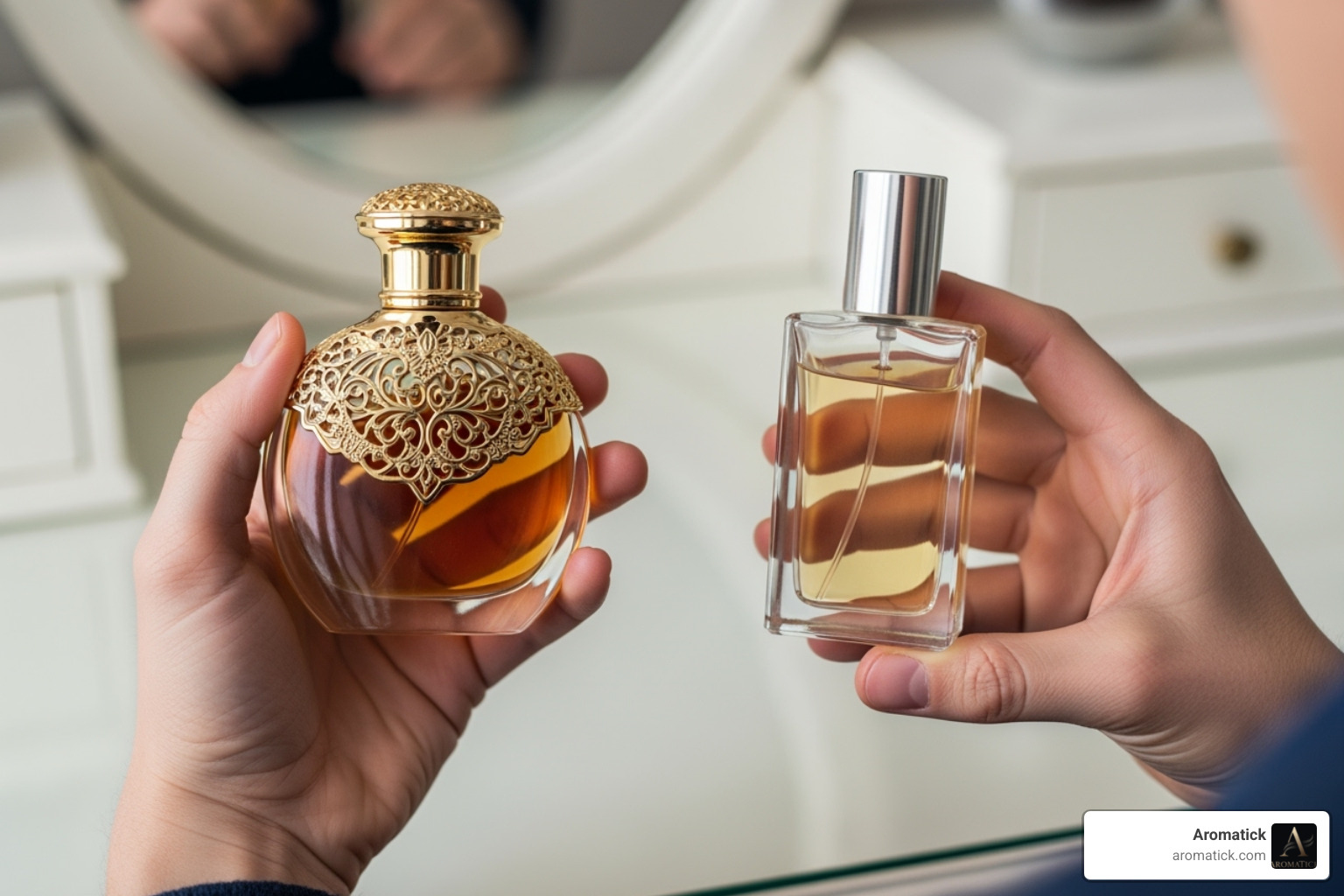 a person comparing two perfume bottles, one ornate and one simple - expensive perfumes for cheap a person comparing two perfume bottles, one ornate and one simple - expensive perfumes for cheap