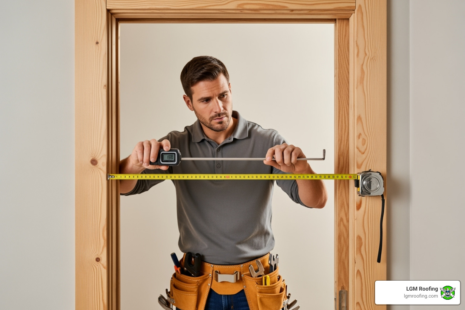 A professional contractor carefully measuring a door frame with precision tools - door replacement in bloomfield nj A professional contractor carefully measuring a door frame with precision tools - door replacement in bloomfield nj