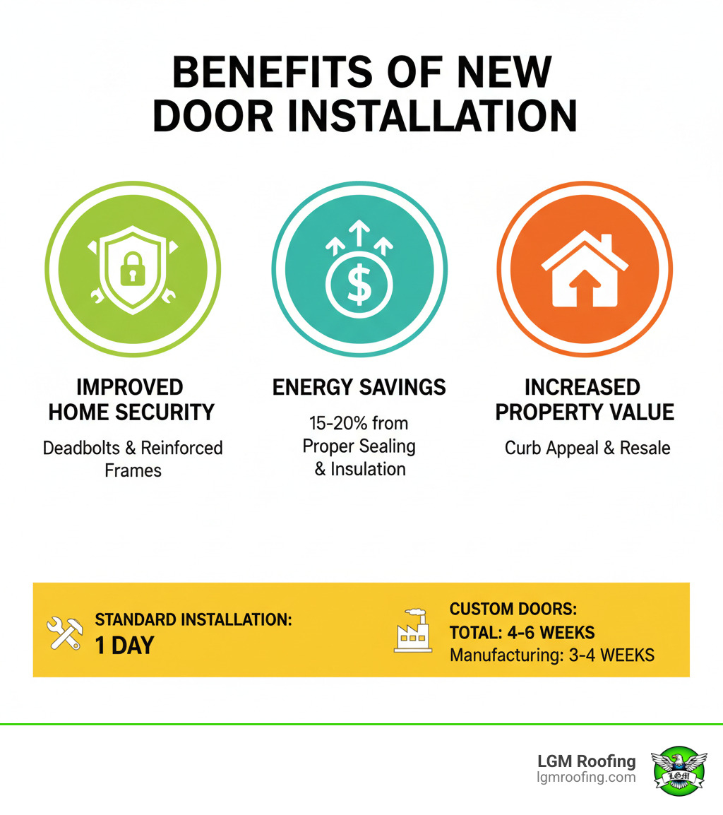 Infographic showing three main benefits of new door installation: a shield icon representing improved home security with deadbolts and reinforced frames, a dollar sign with arrows representing 15-20% energy savings from proper sealing and insulation, and a house with upward arrow representing increased property value and curb appeal. Timeline shows standard installation takes 1 day while custom doors need 4-6 weeks total with 3-4 weeks for manufacturing. - door installation in bloomfield nj infographic Infographic showing three main benefits of new door installation: a shield icon representing improved home security with deadbolts and reinforced frames, a dollar sign with arrows representing 15-20% energy savings from proper sealing and insulation, and a house with upward arrow representing increased property value and curb appeal. Timeline shows standard installation takes 1 day while custom doors need 4-6 weeks total with 3-4 weeks for manufacturing. - door installation in bloomfield nj infographic