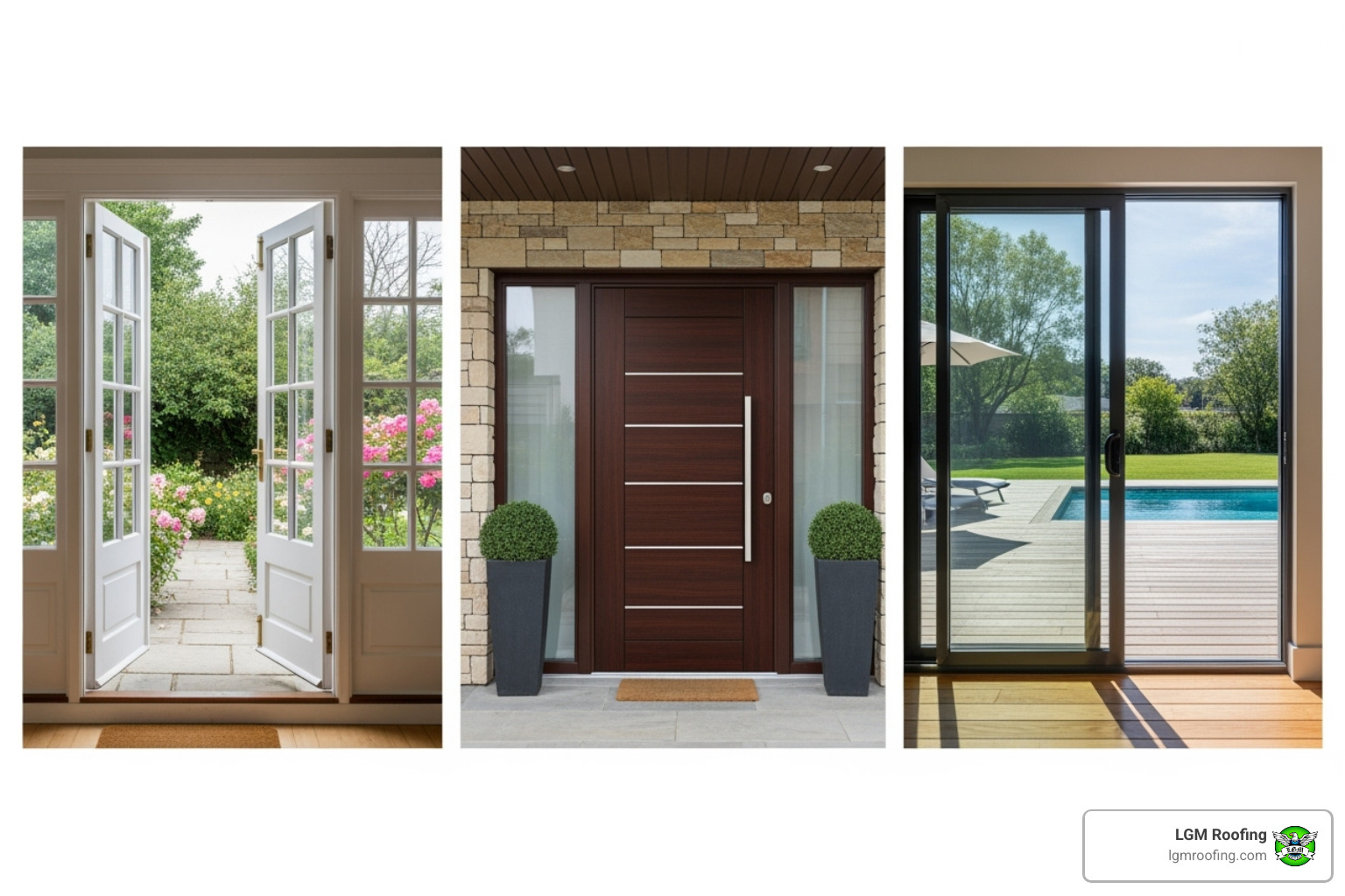 A collage showcasing various door types like elegant French doors, sleek modern panel doors, and functional sliding patio doors - door replacement in bloomfield nj A collage showcasing various door types like elegant French doors, sleek modern panel doors, and functional sliding patio doors - door replacement in bloomfield nj