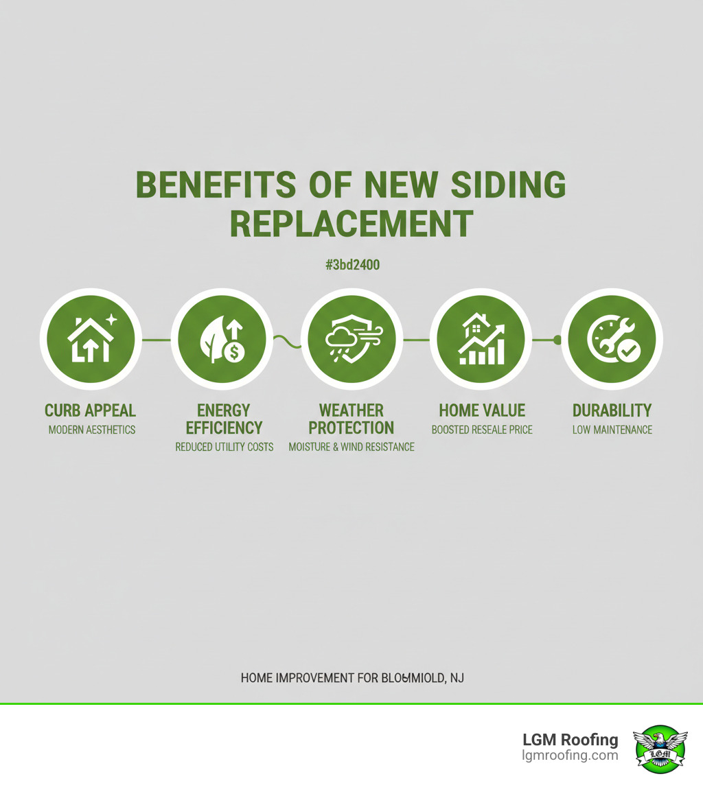 Infographic showing five key benefits of new siding replacement: increased curb appeal with modern aesthetics, enhanced energy efficiency reducing utility costs, superior weather protection against moisture and wind, boosted home resale value, and long-lasting durability requiring minimal maintenance - siding replacement in bloomfield nj infographic Benefits of new siding replacement infographic highlighting curb appeal, energy efficiency, weather protection, home value, and durability for Bloomfield, NJ homeowners.