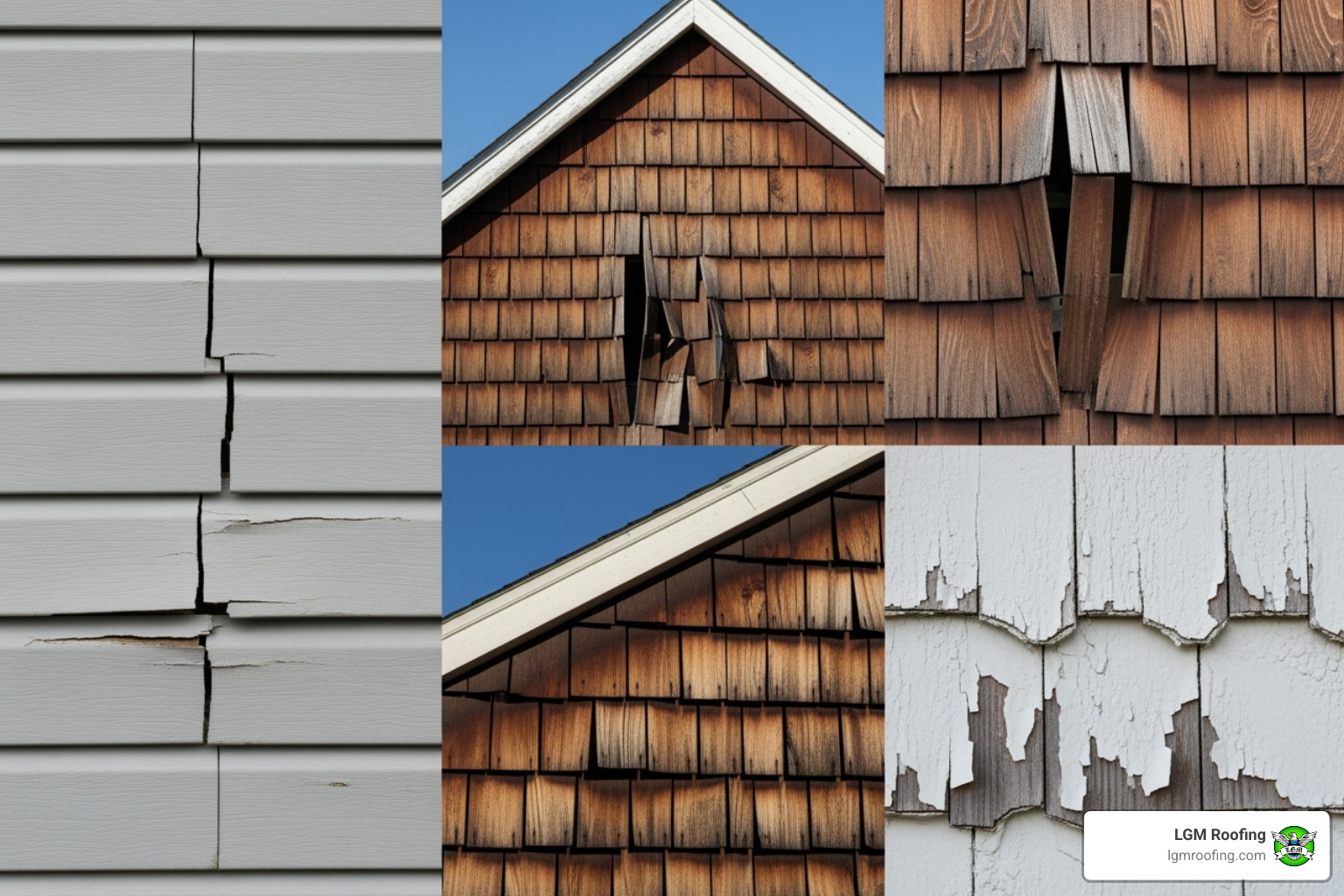 gallery showing examples of siding damage like cracks, warping, and peeling - siding replacement in bloomfield nj Close-up images of damaged siding, featuring cracked and peeling panels, highlighting signs of wear and potential water intrusion, relevant to siding replacement and home protection.