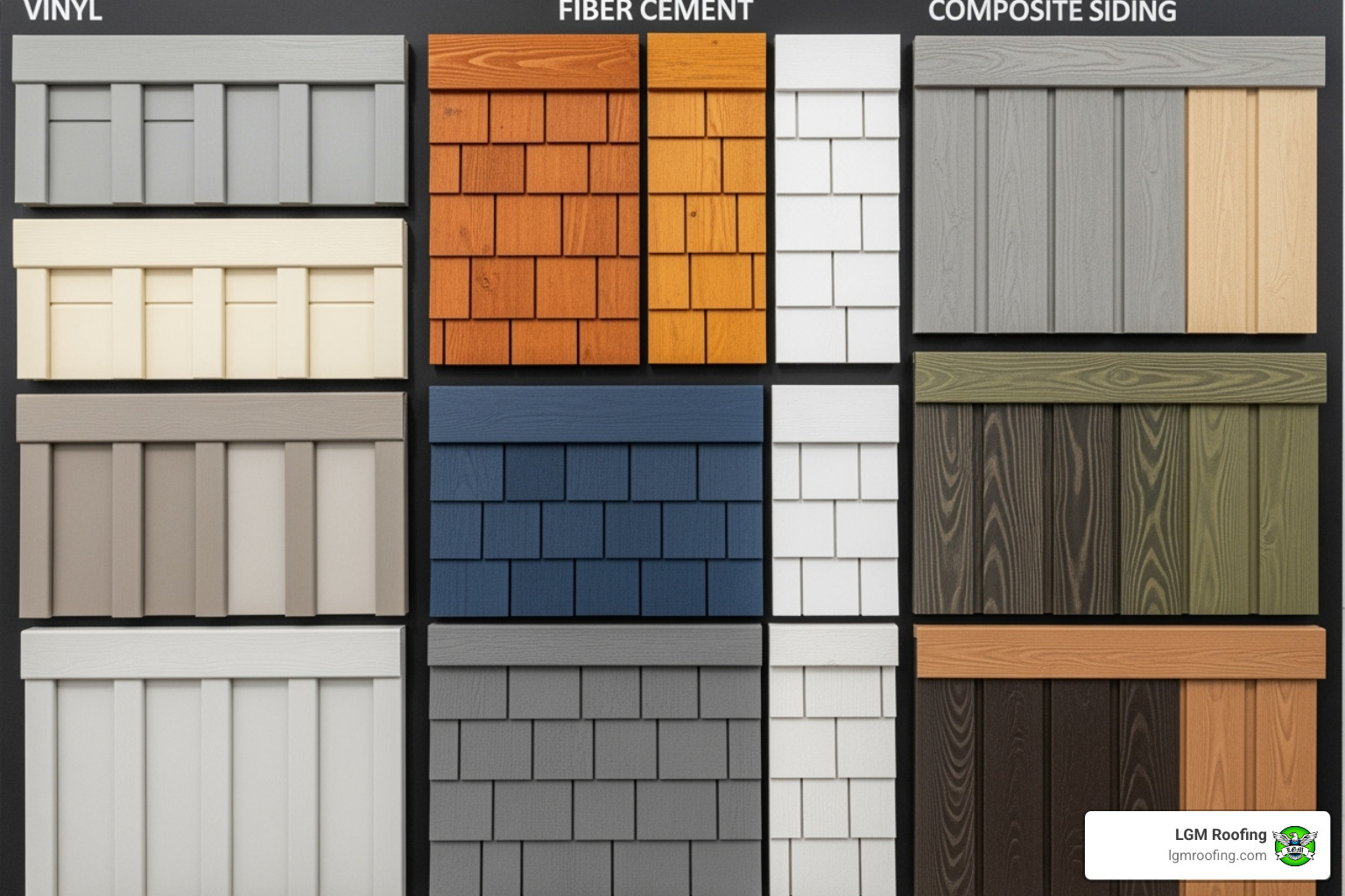 different siding material samples like vinyl, fiber cement, and composite - siding replacement in bloomfield nj Vinyl, fiber cement, and composite siding samples displayed on a wall, showcasing various colors and textures for siding replacement options in Bloomfield, NJ, with LGM Roofing branding.