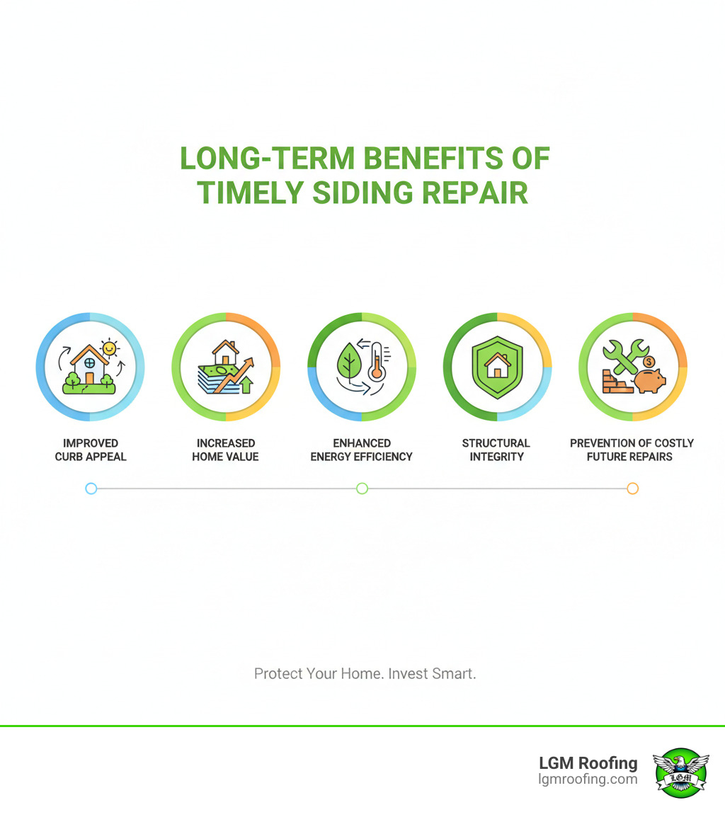Infographic detailing the long-term benefits of timely siding repair: improved curb appeal, increased home value, enhanced energy efficiency, structural integrity, and prevention of costly future repairs - siding repair in bloomfield nj infographic Infographic detailing the long-term benefits of timely siding repair: improved curb appeal, increased home value, enhanced energy efficiency, structural integrity, and prevention of costly future repairs - siding repair in bloomfield nj infographic
