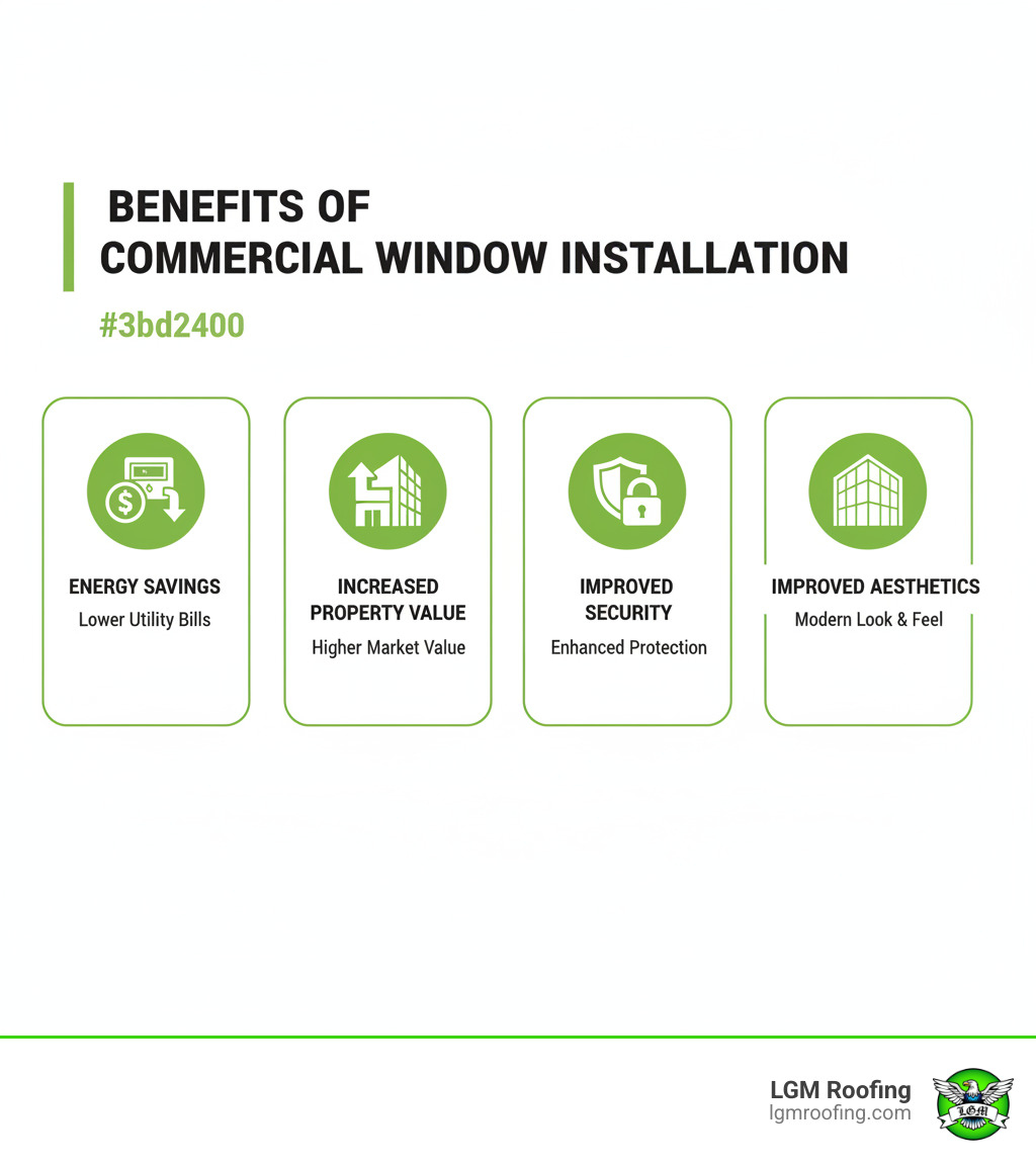 infographic showing four key benefits of commercial window installation: Energy Savings with dollar sign and utility meter icon, Increased Property Value with upward arrow and building icon, Improved Security with shield and lock icon, and Improved Aesthetics with modern building facade icon - commercial window installation in bloomfield nj infographic Benefits of commercial window installation infographic highlighting energy savings, increased property value, improved security, and aesthetics, featuring LGM Roofing branding.