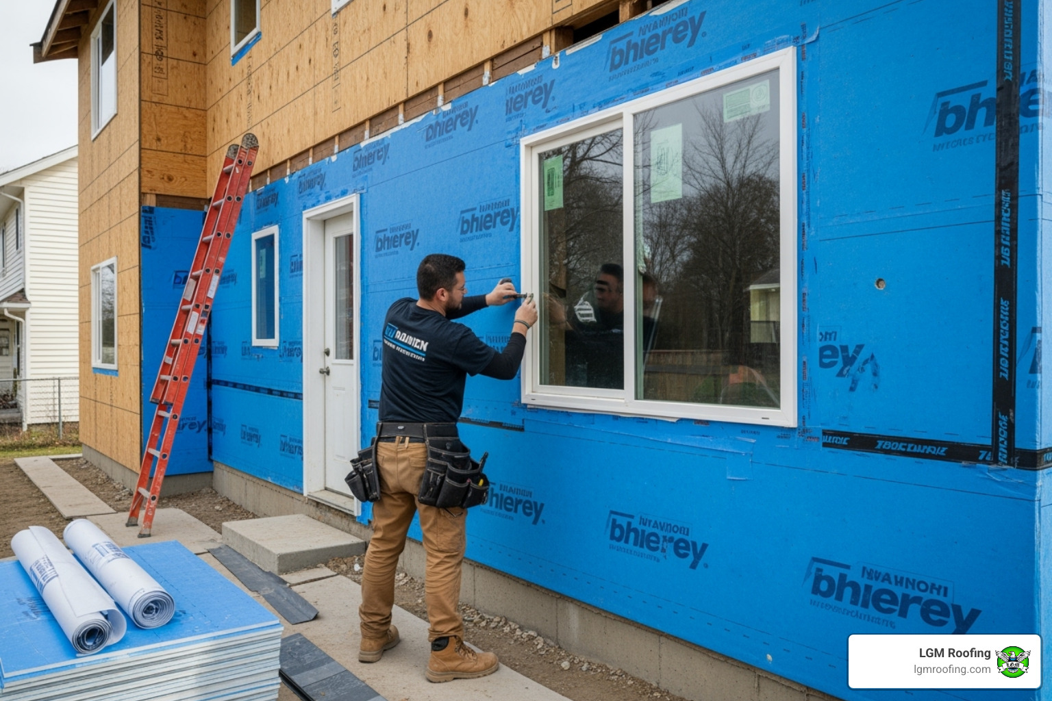 professional contractor installing a moisture barrier on a home's exterior before applying new siding - siding installation in bloomfield nj professional contractor installing a moisture barrier on a home's exterior before applying new siding - siding installation in bloomfield nj