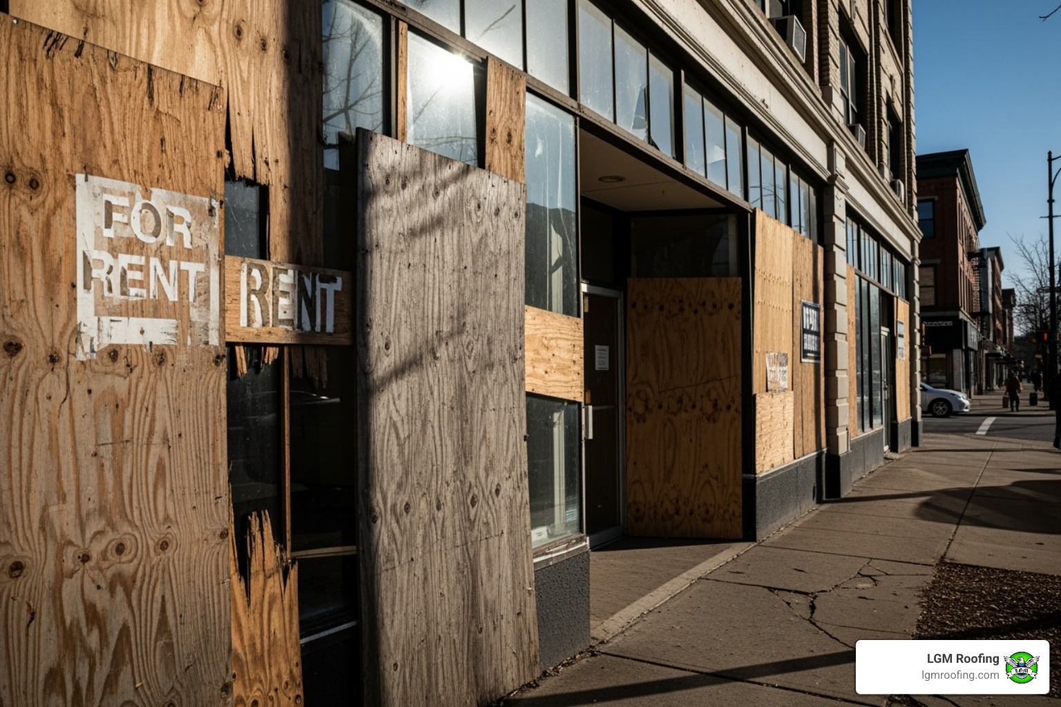 boarded-up commercial storefront after an emergency - commercial window installation in bloomfield nj Boarded-up storefront with "For Rent" signs, illustrating the need for emergency commercial glass repair services by LGM Roofing in Bloomfield, NJ.
