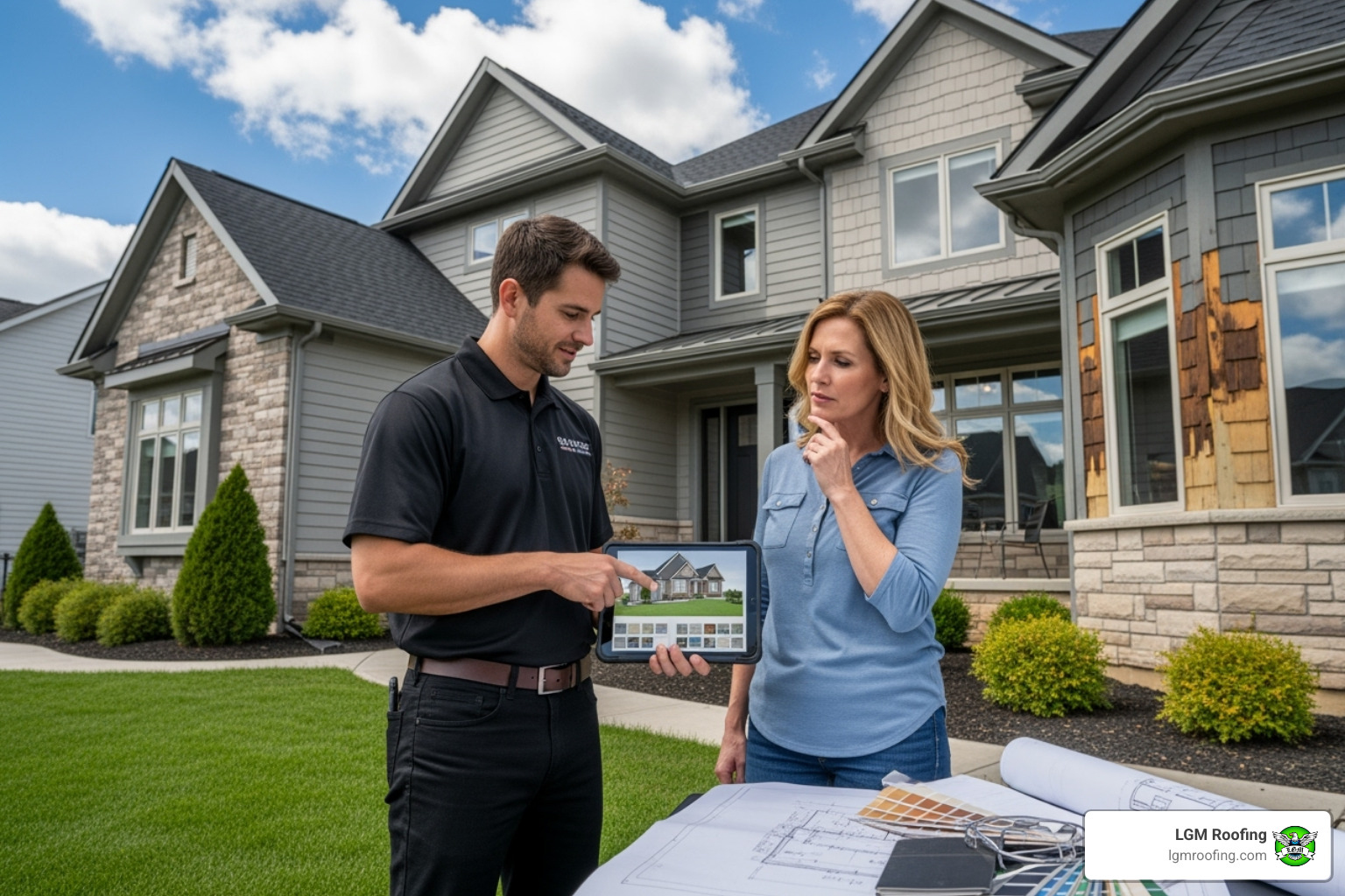 contractor discussing plans with a homeowner on a tablet - siding installation in bloomfield nj contractor discussing plans with a homeowner on a tablet - siding installation in bloomfield nj