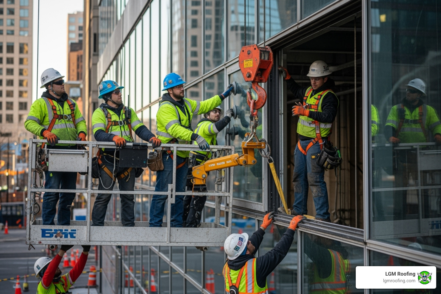 professional team installing a large commercial window - commercial window installation in bloomfield nj Team of professional installers in safety gear working on commercial window installation, using a lift and equipment, showcasing expertise in building maintenance and compliance with safety standards.