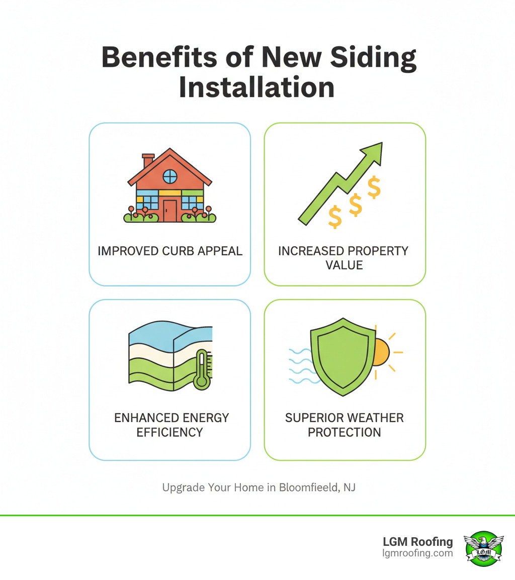 infographic showing four key benefits of new siding installation: improved curb appeal with colorful home illustration, increased property value with upward trending arrow and dollar signs, enhanced energy efficiency with insulation layers diagram, and superior weather protection with shield blocking rain and sun - siding installation in bloomfield nj infographic infographic showing four key benefits of new siding installation: improved curb appeal with colorful home illustration, increased property value with upward trending arrow and dollar signs, enhanced energy efficiency with insulation layers diagram, and superior weather protection with shield blocking rain and sun - siding installation in bloomfield nj infographic