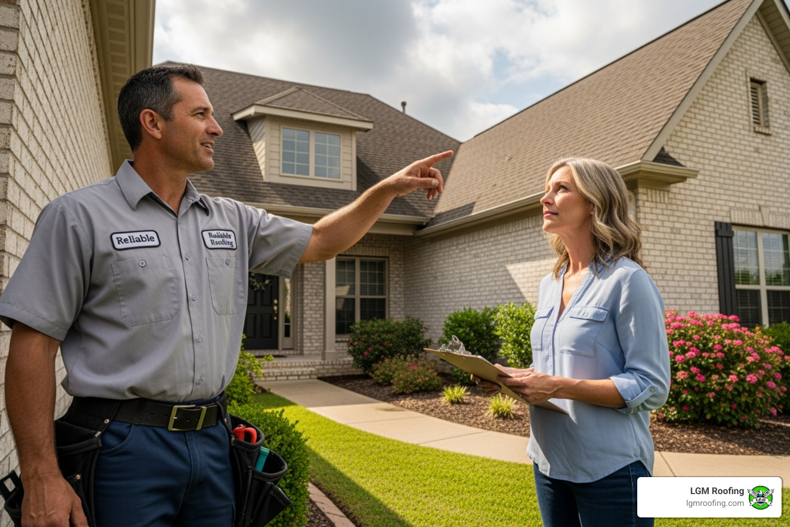professional roofer talking to a homeowner - residential roof repair in bloomfield nj Roofing contractor discussing residential roof repair with homeowner, holding clipboard and pointing towards the house, showcasing expertise in Bloomfield roofing services.