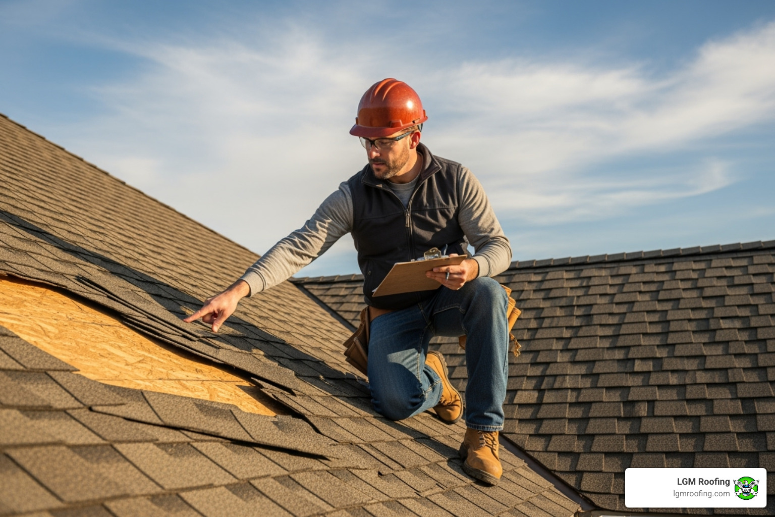 roofing professional assessing roof damage with a clipboard - emergency roof repair in bloomfield nj roofing professional assessing roof damage with a clipboard - emergency roof repair in bloomfield nj