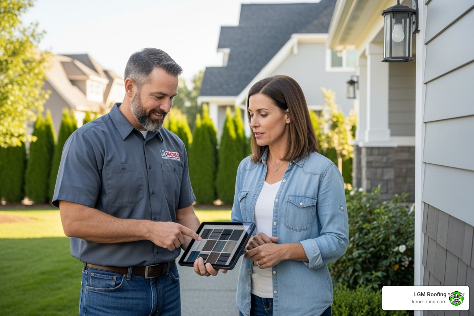 professional contractor discussing siding options with a homeowner - siding repair in bloomfield nj professional contractor discussing siding options with a homeowner - siding repair in bloomfield nj