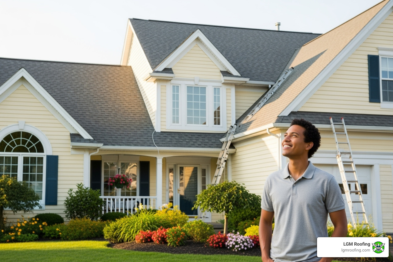 happy homeowner looking at a newly repaired roof - residential roof repair in bloomfield nj Man smiling in front of a well-maintained house with a new roof, showcasing professional roofing services by LGM Roofing in Bloomfield, NJ.
